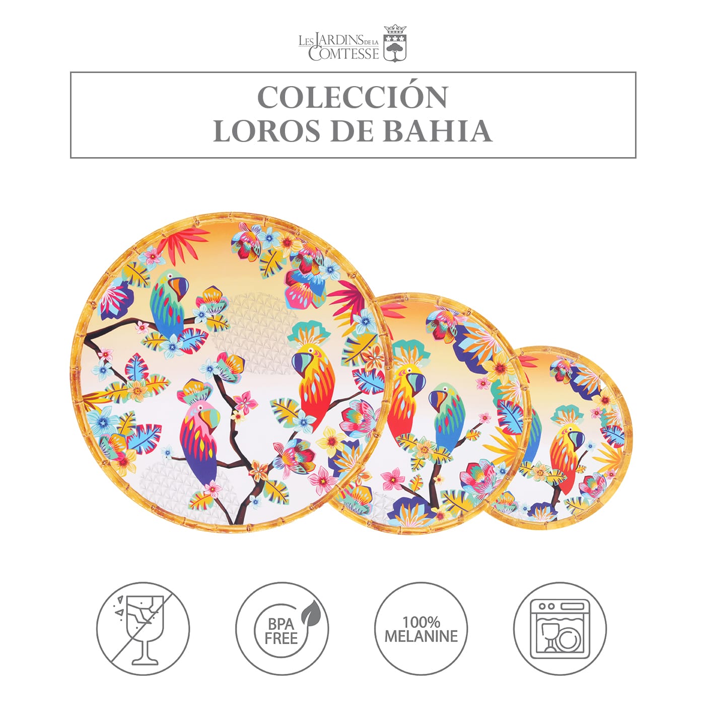 Plato llano de melamina con loros - Ø 28 cm