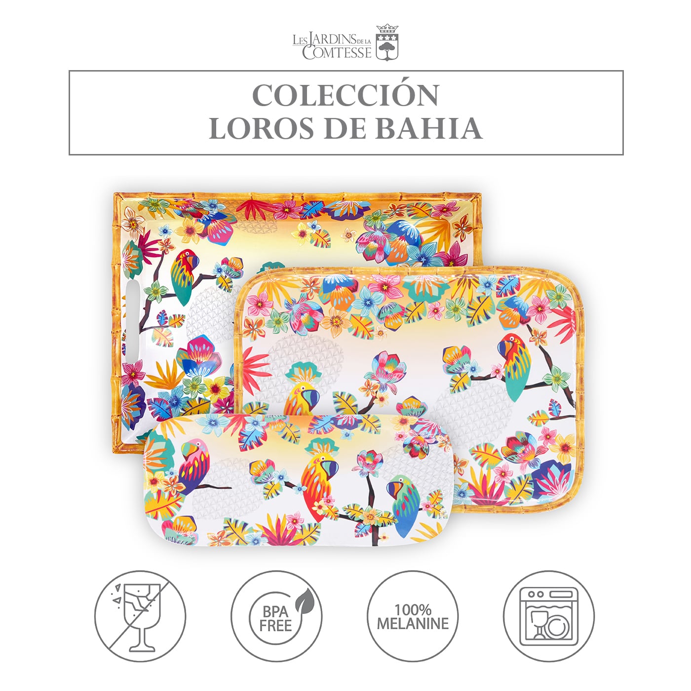 Bandeja de melamina con asas y diseño de loros - 50 x 36 x 5 cm