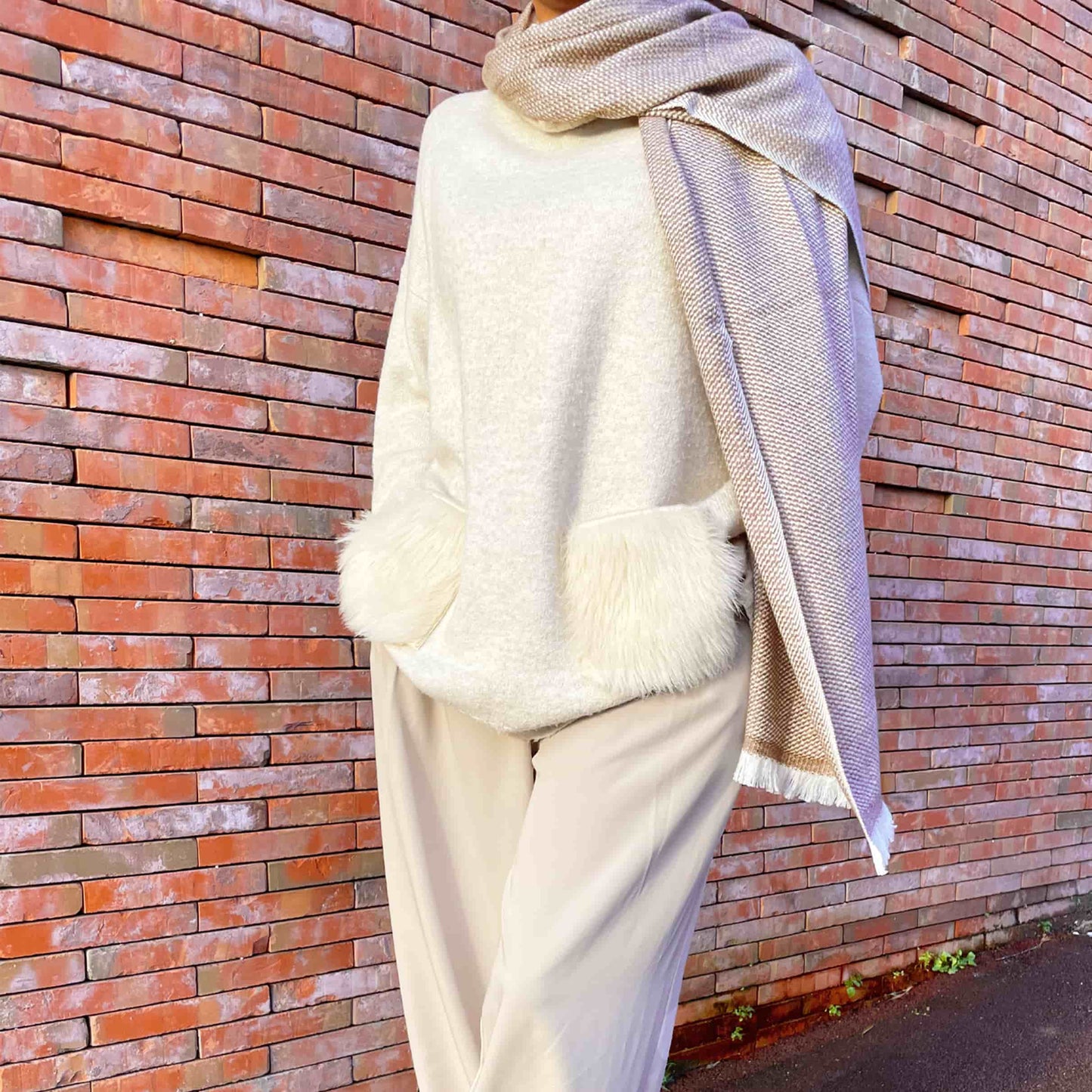 Bufanda Hombre y Mujer Cachemira y Lana 40 x 190 cm - Marrón / Blanco