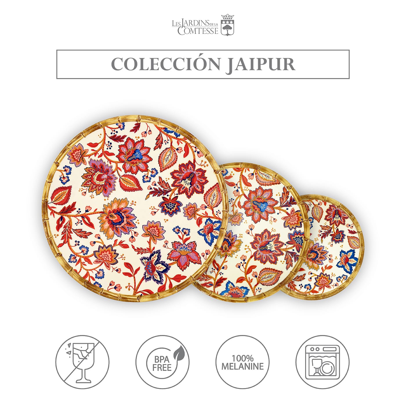 Plato grande de melamina con flores indias - Ø 28 cm