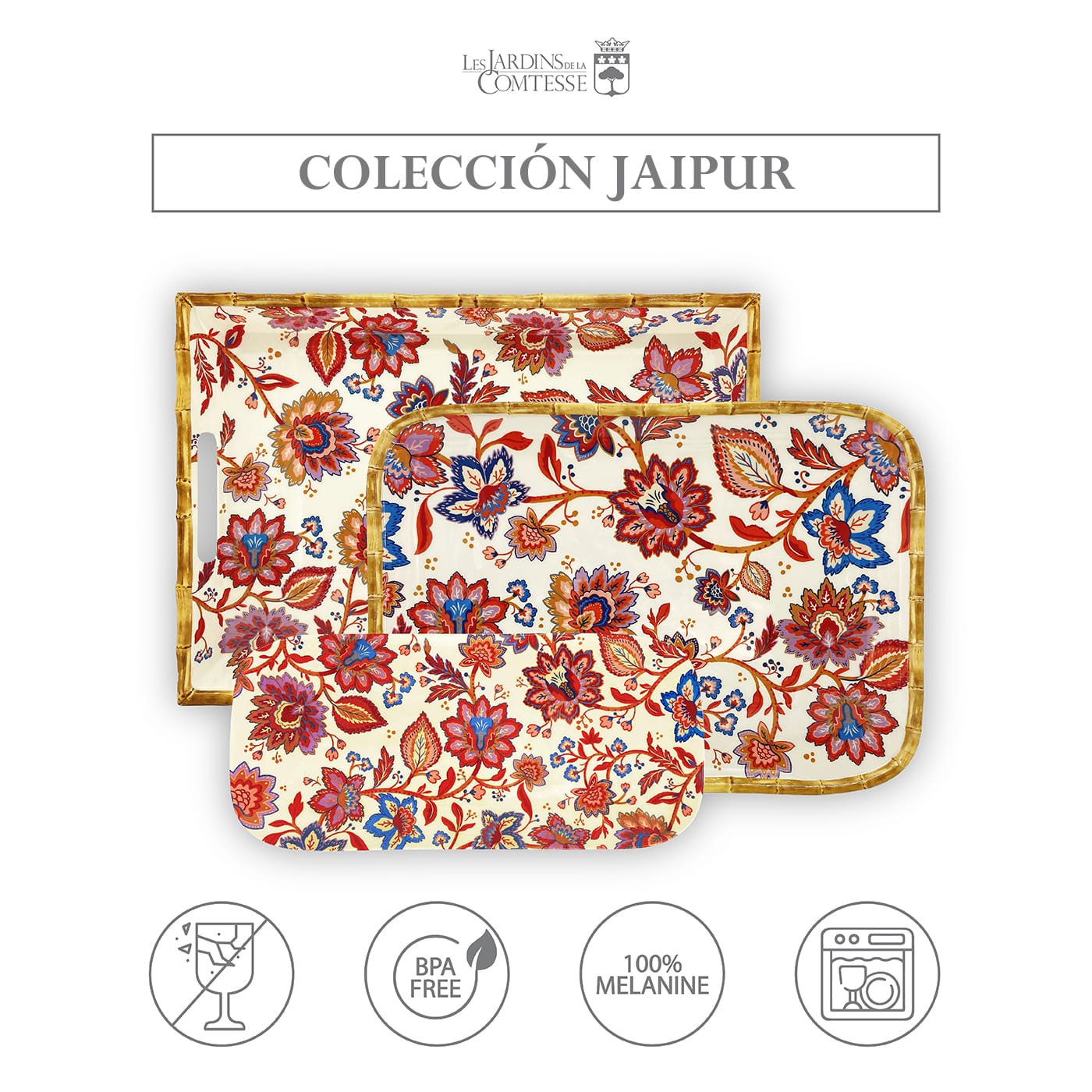 Plato rectangular largo de melamina para tartas con flores indias - 37,5 cm