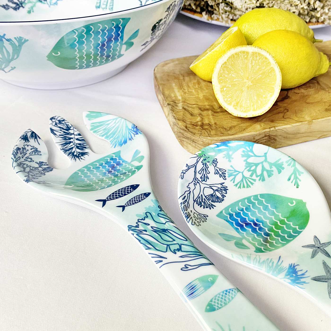 Cubiertos para ensaladas de melamina con diseño marino - 25 cm