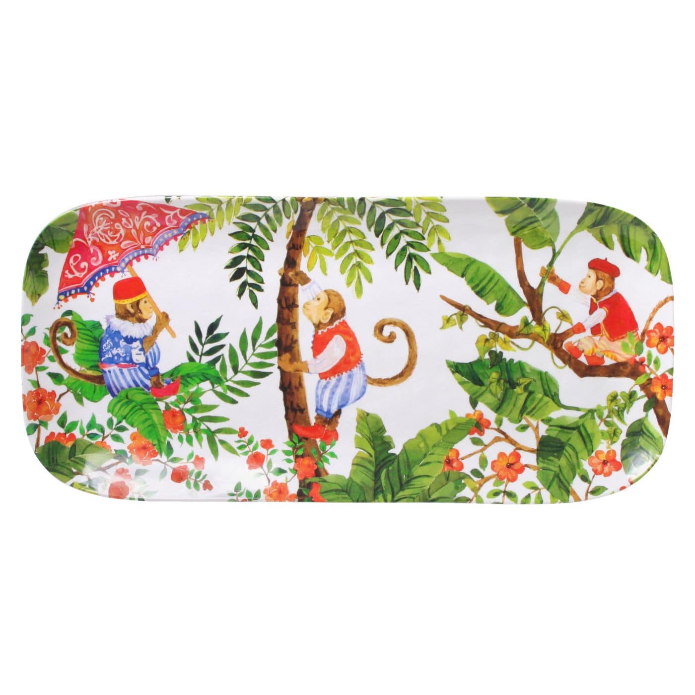 Plato de servicio rectangular de melamina con monos - 37,5 x 17 cm