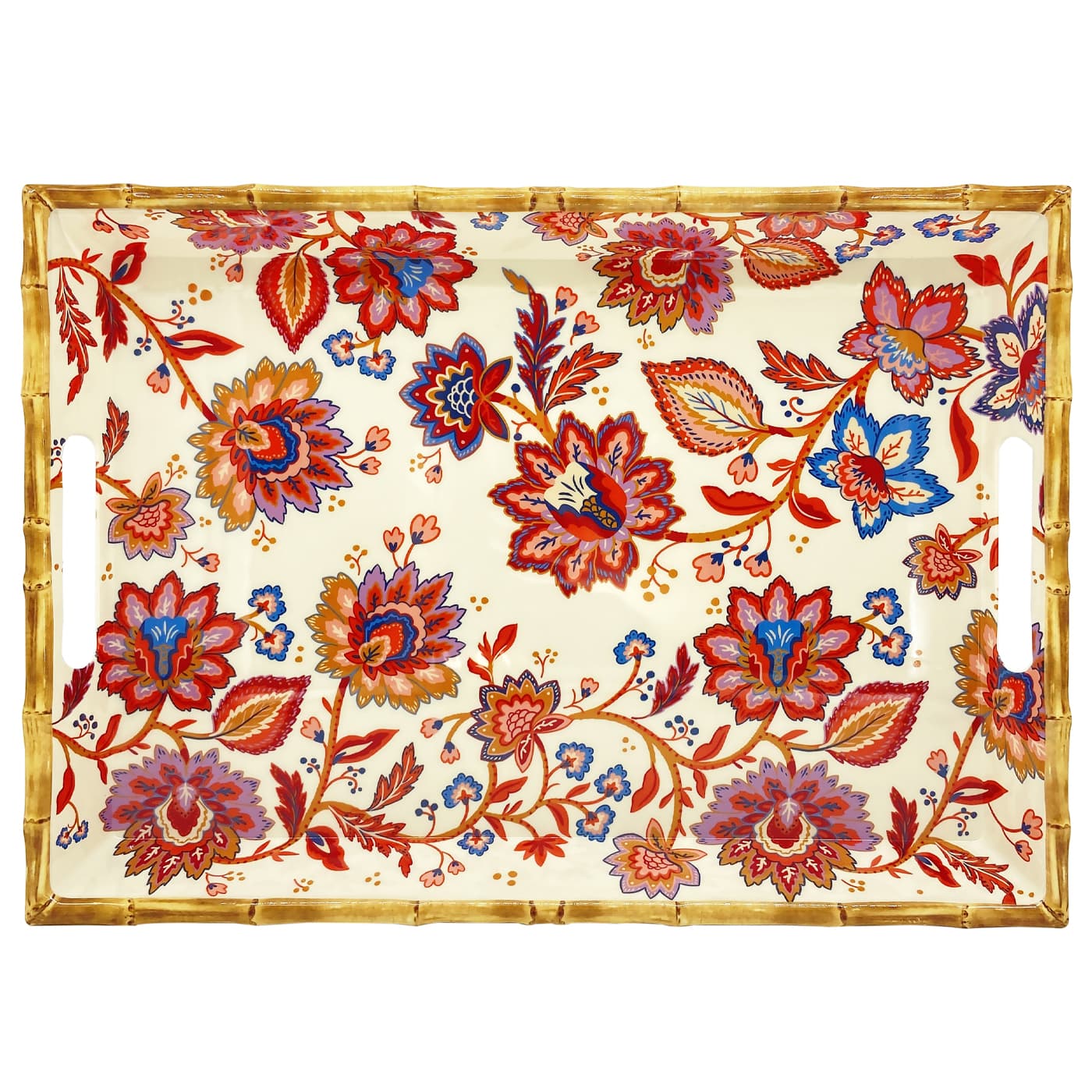 Bandeja grande de melamina con asas de flores indias - 50 x 36 x 5 cm