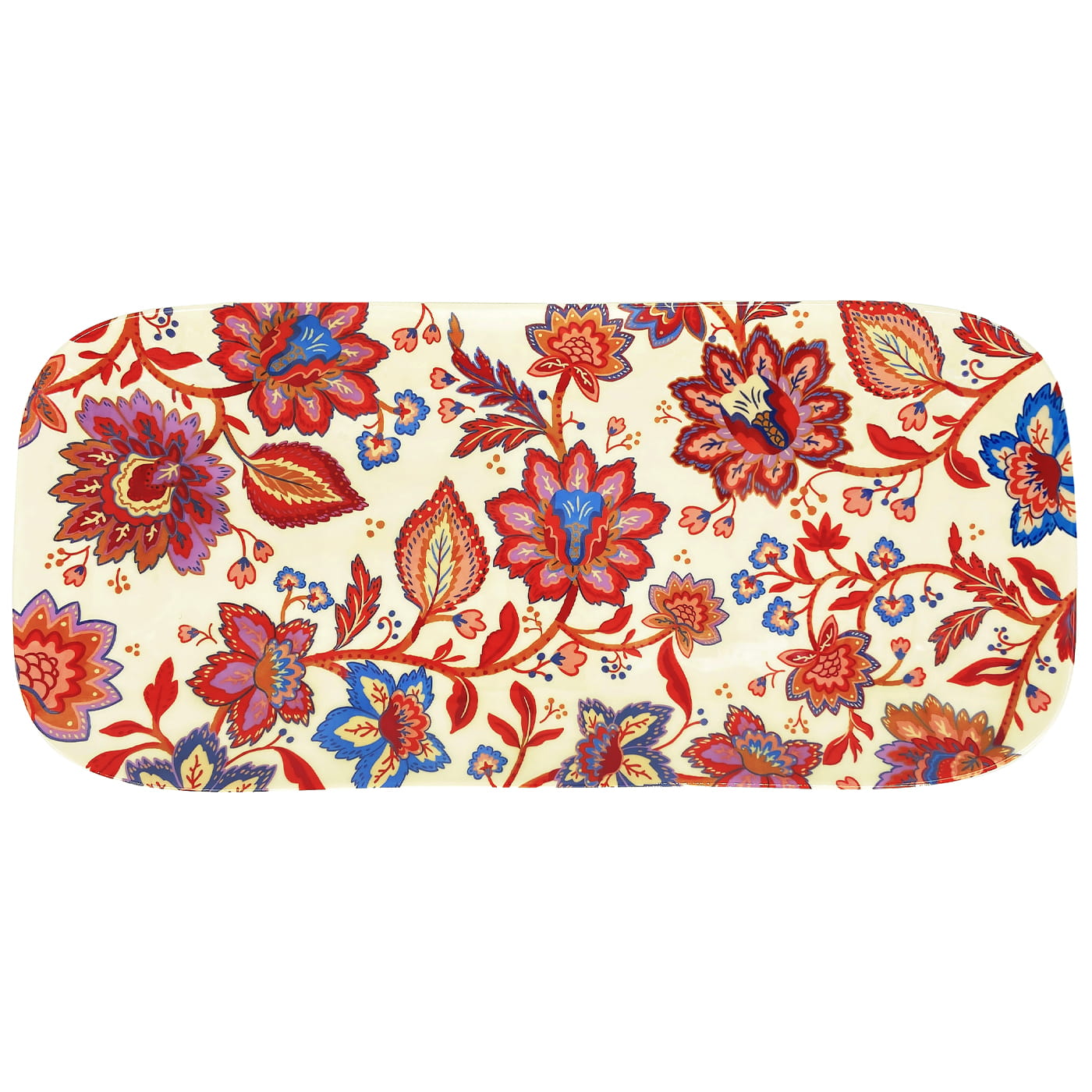 Plato rectangular largo de melamina para tartas con flores indias - 37,5 cm