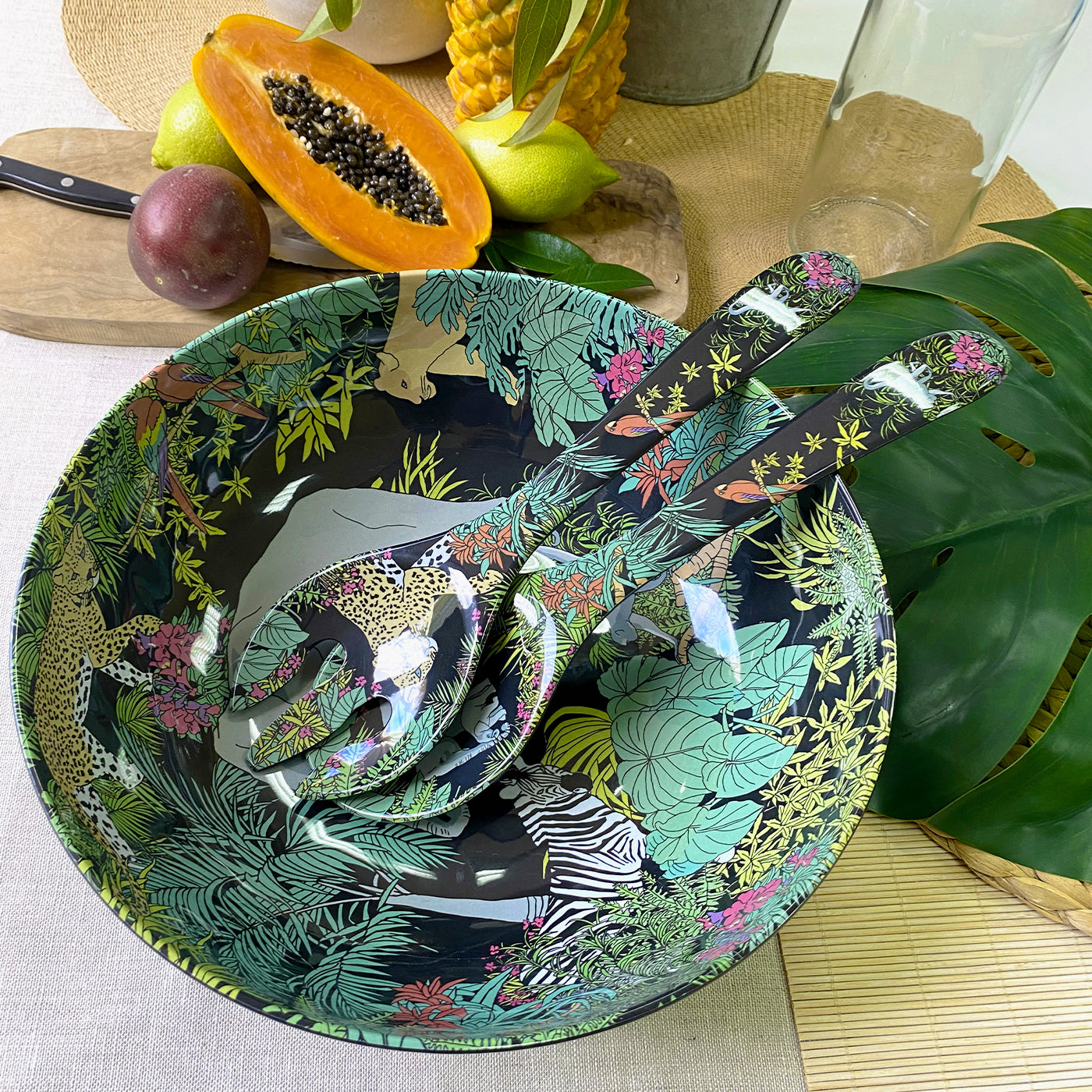 Juego de cubiertos para ensaladas de melamina negra - 25 cm