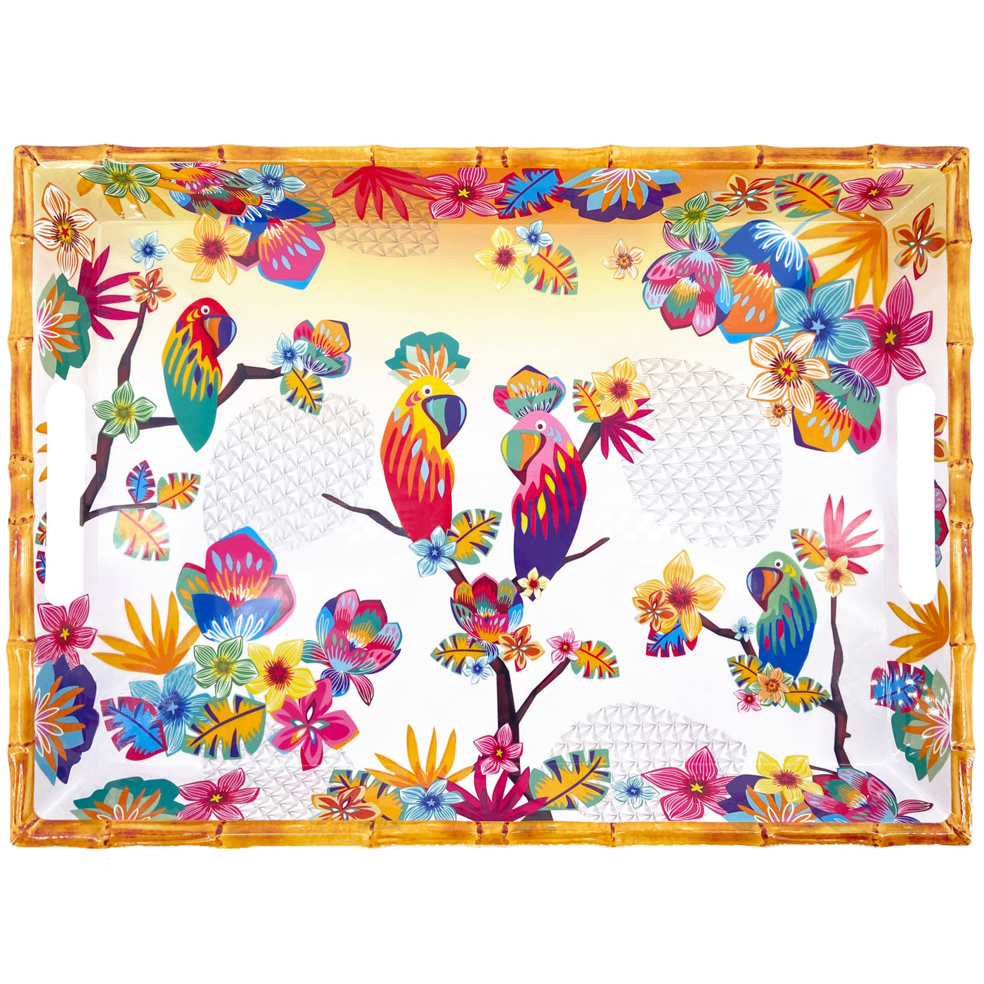 Bandeja de melamina con asas y diseño de loros - 50 x 36 x 5 cm