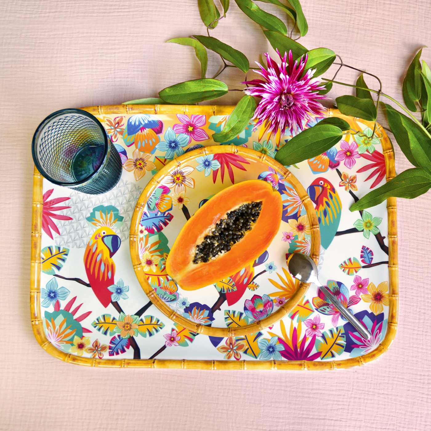Bandeja rectangular de melamina con loros - 45 x 32 cm
