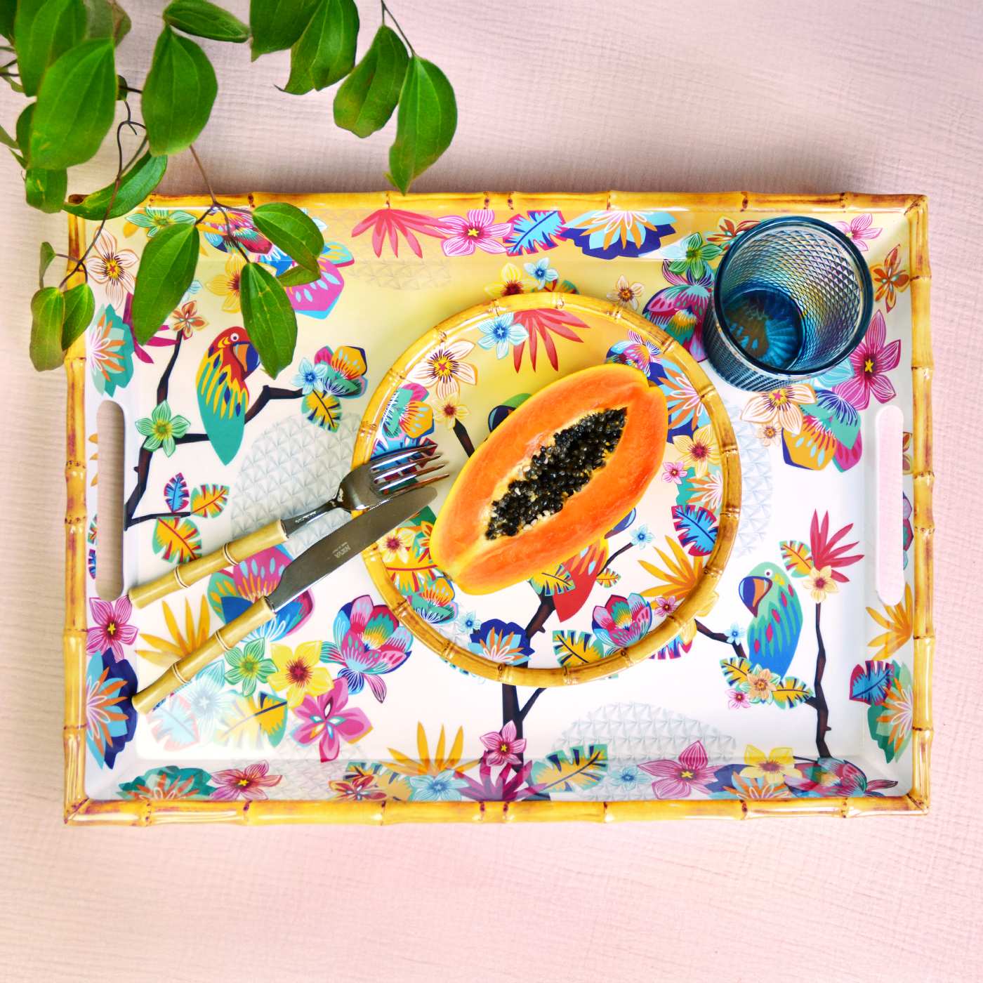 Bandeja de melamina con asas y diseño de loros - 50 x 36 x 5 cm