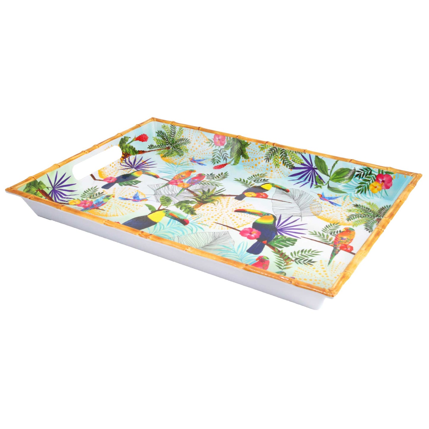 Bandeja de melamina con asas y diseño de tucanes - 50 x 36 x 5 cm