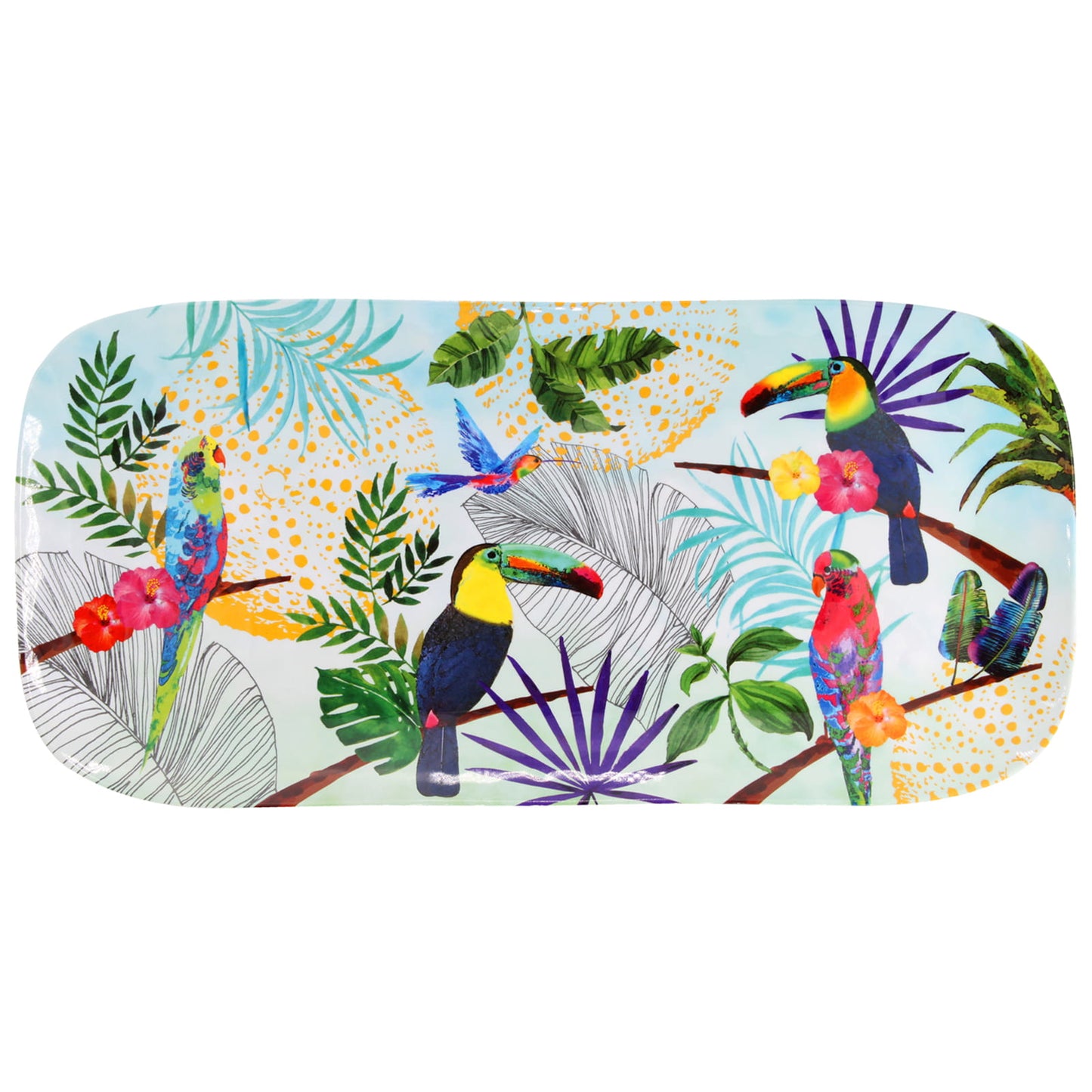 Plato de servicio rectangular de melamina con tucanes - 37,5 x 17 cm
