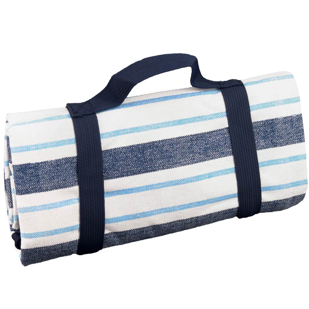 Manta picnic impermeable azul y blanco con rayas