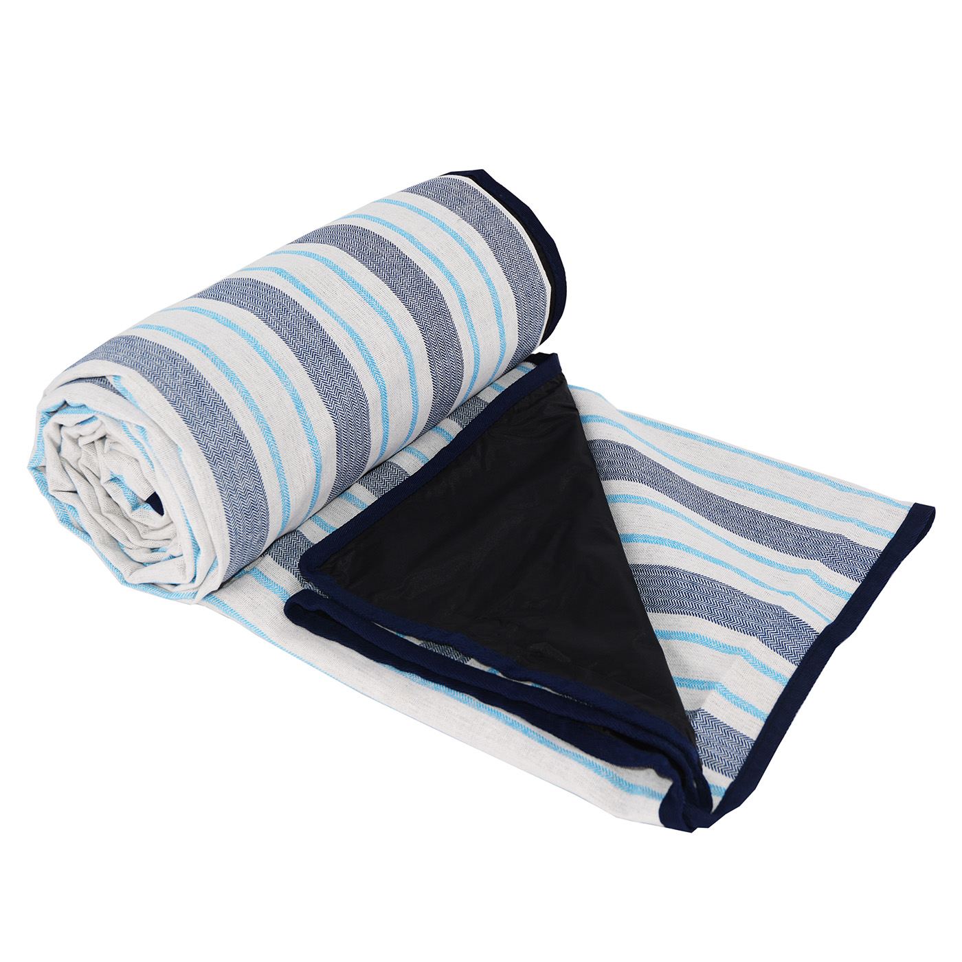 Manta picnic impermeable azul y blanco con rayas