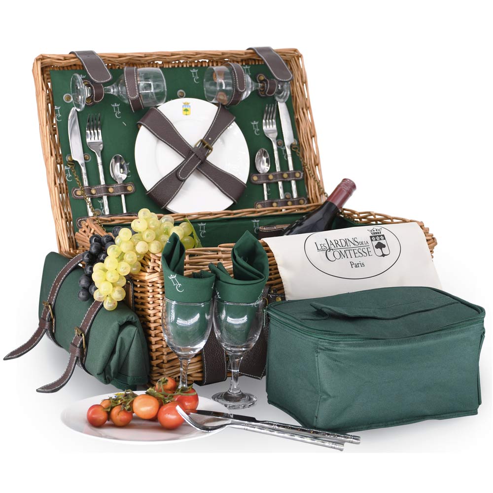 Cesta picnic de mimbre st-germain vichy verde para 4 personas