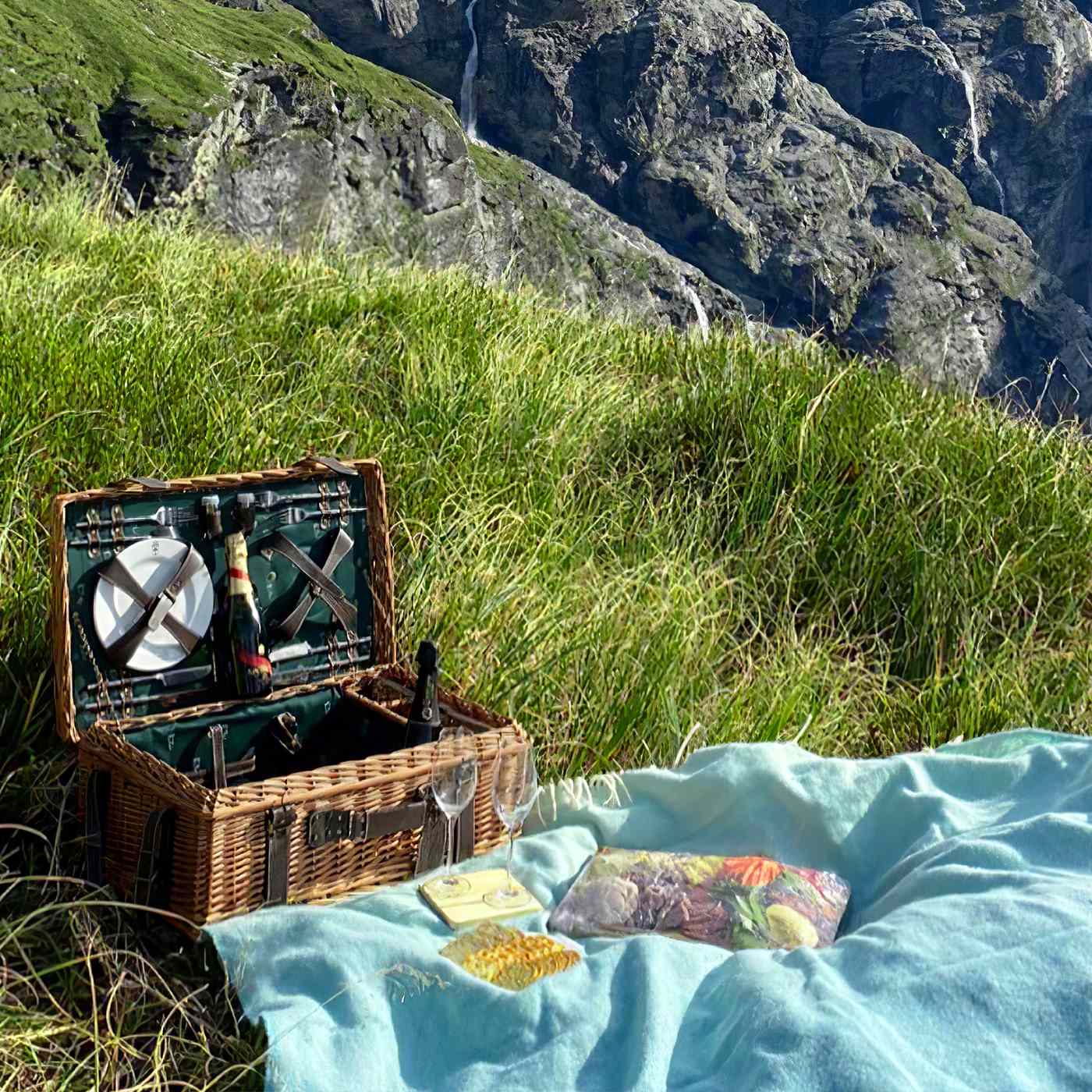 Cesta picnic de mimbre y cuero verde – 4 personas