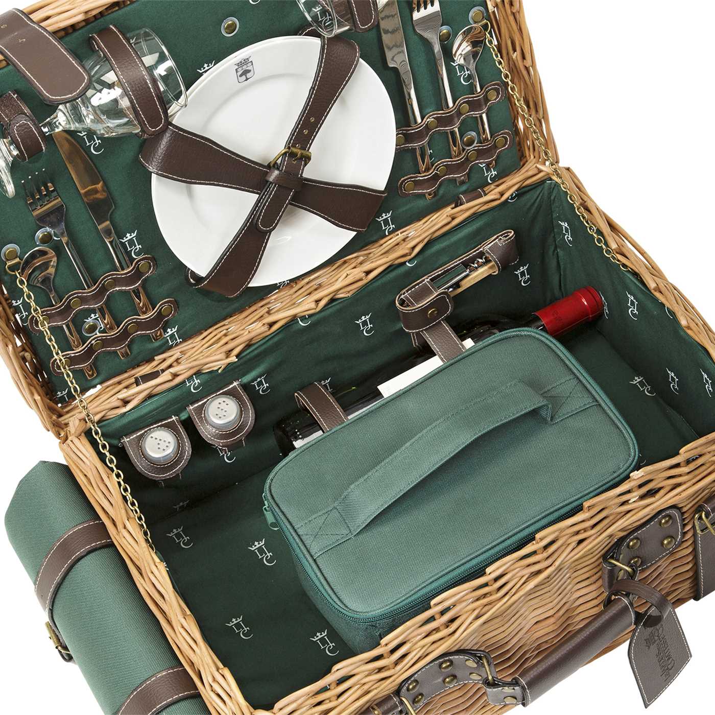Cesta picnic de mimbre y cuero verde – 2 personas