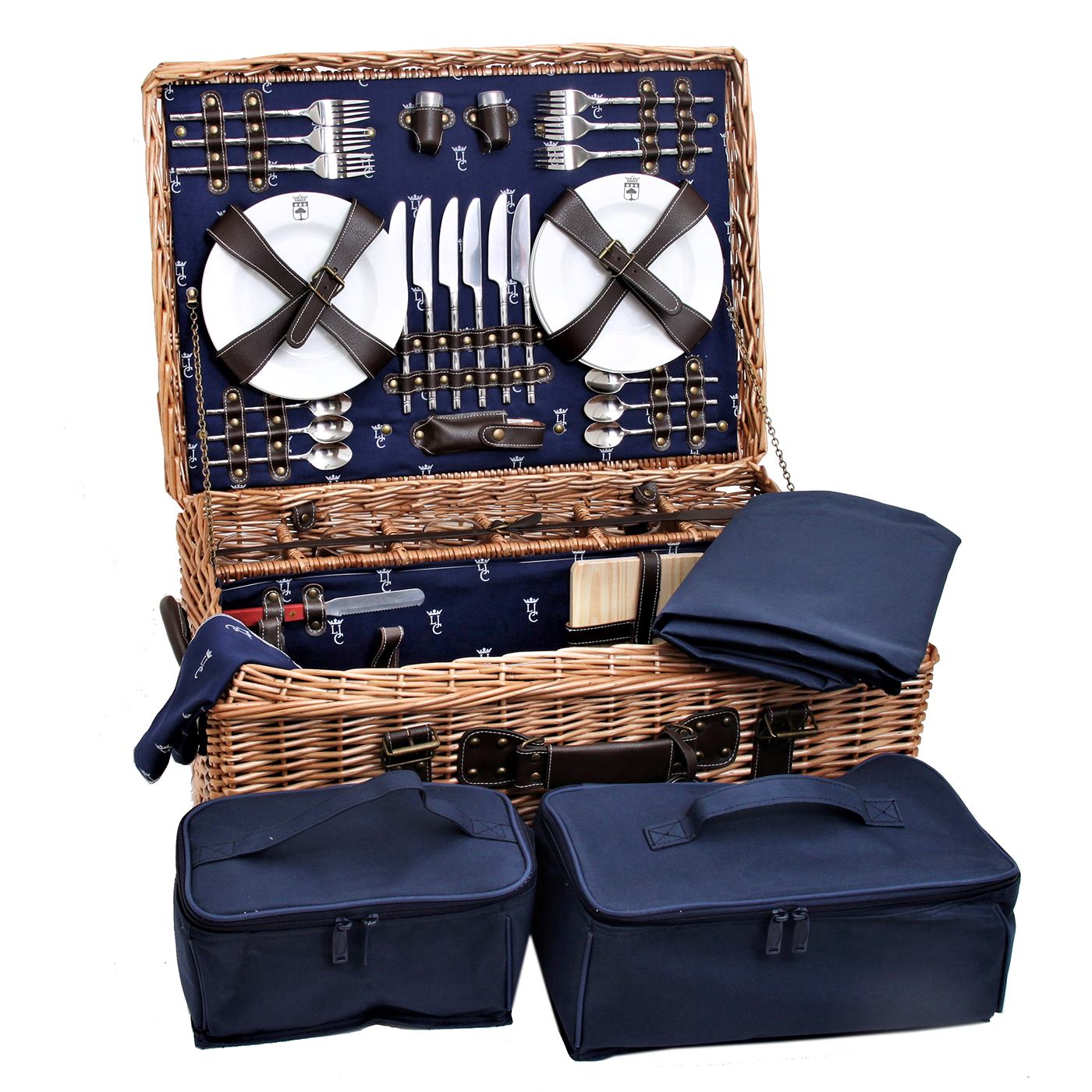 Cesta picnic de mimbre y cuero azul – 6 personas