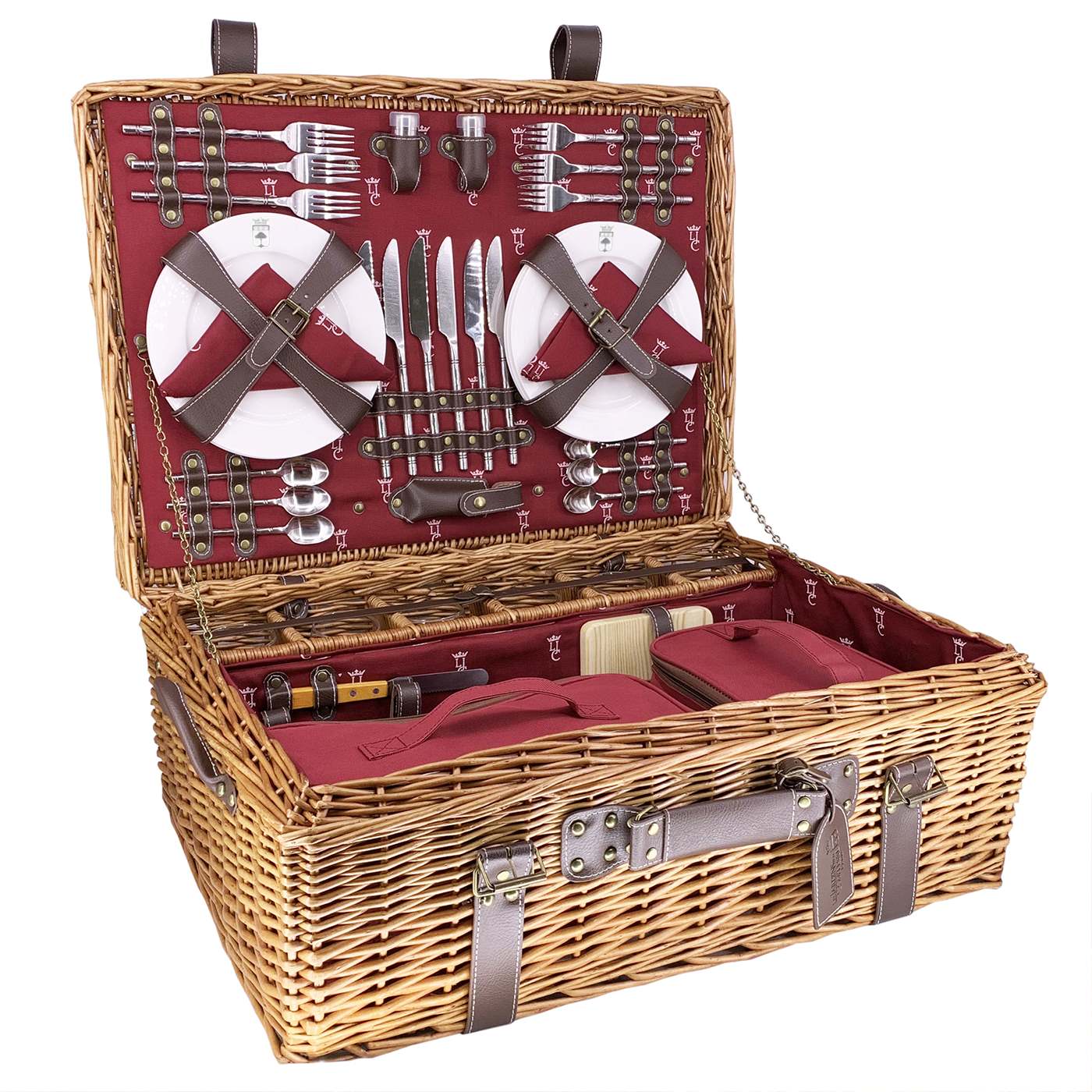 Cesta picnic de mimbre y cuero burdeos - 6 personas