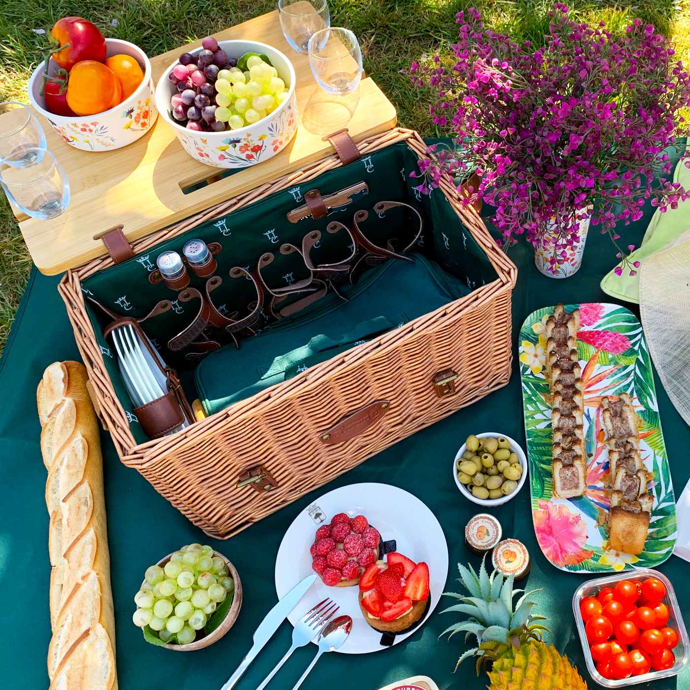 Cesta picnic de cuero Saint-Honoré verde - 4 personas