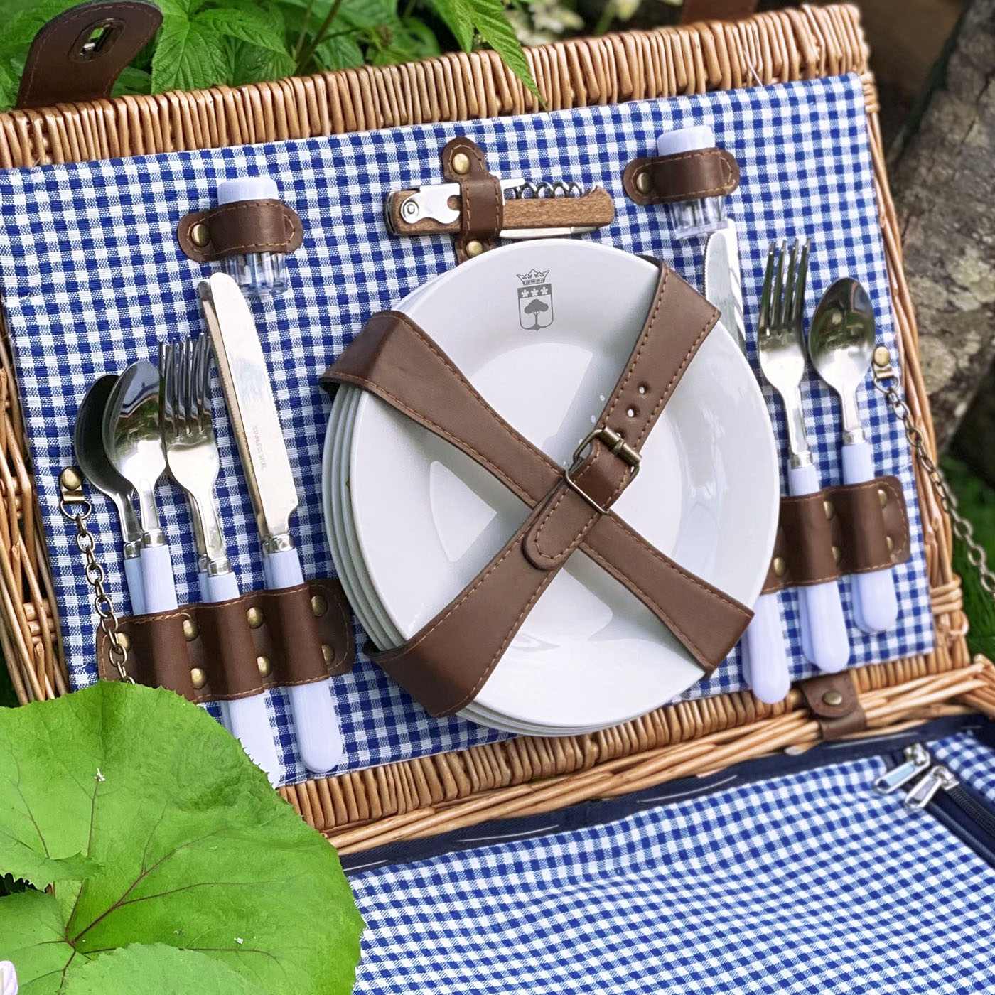 Cesta picnic de mimbre Marly vichy azul - 4 personas