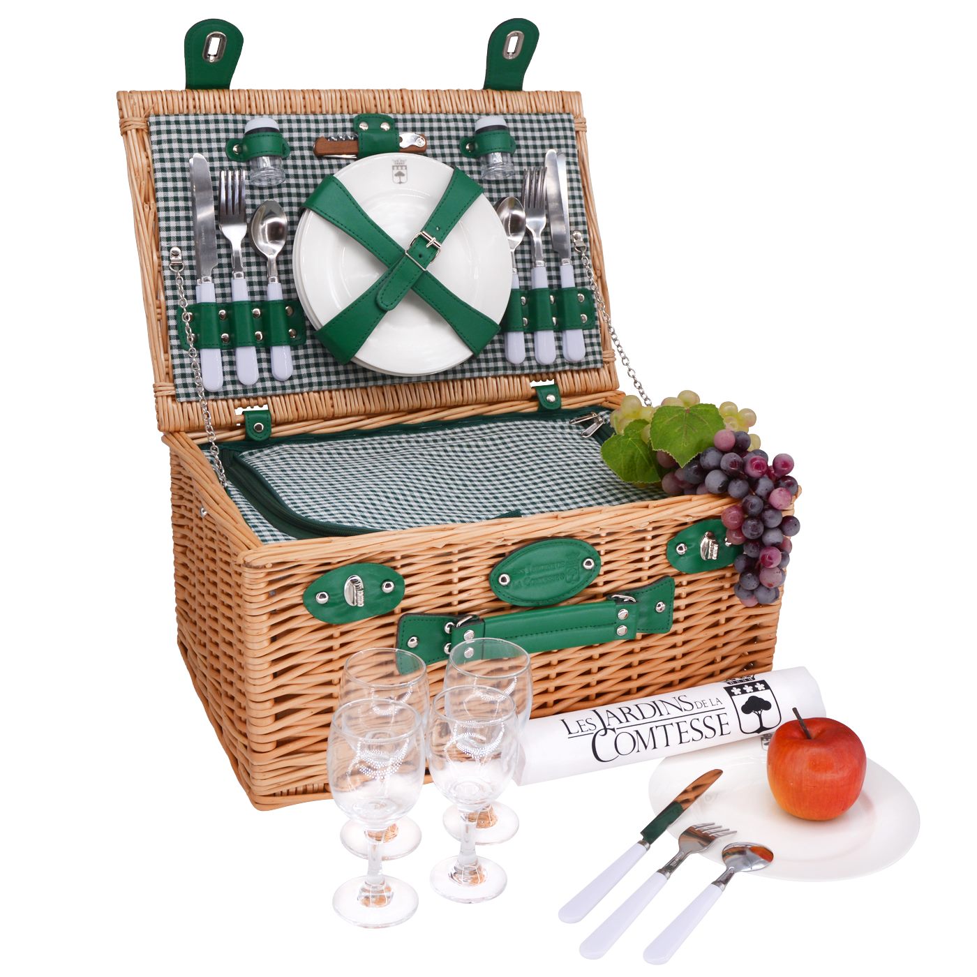 Cesta de picnic de mimbre Marly verde - 4 personas