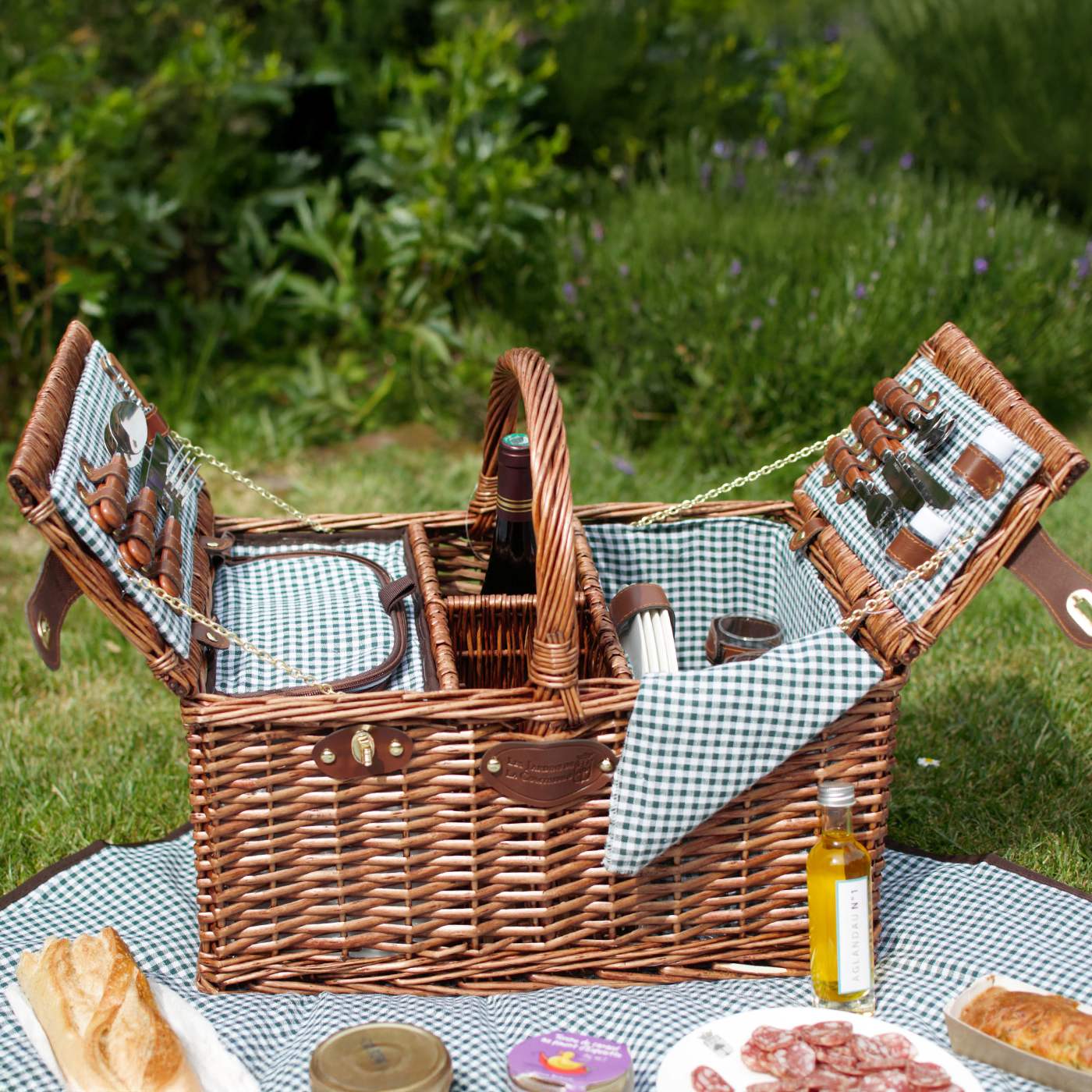 Cesta picnic Saint-Germain vichy verde - 4 personas