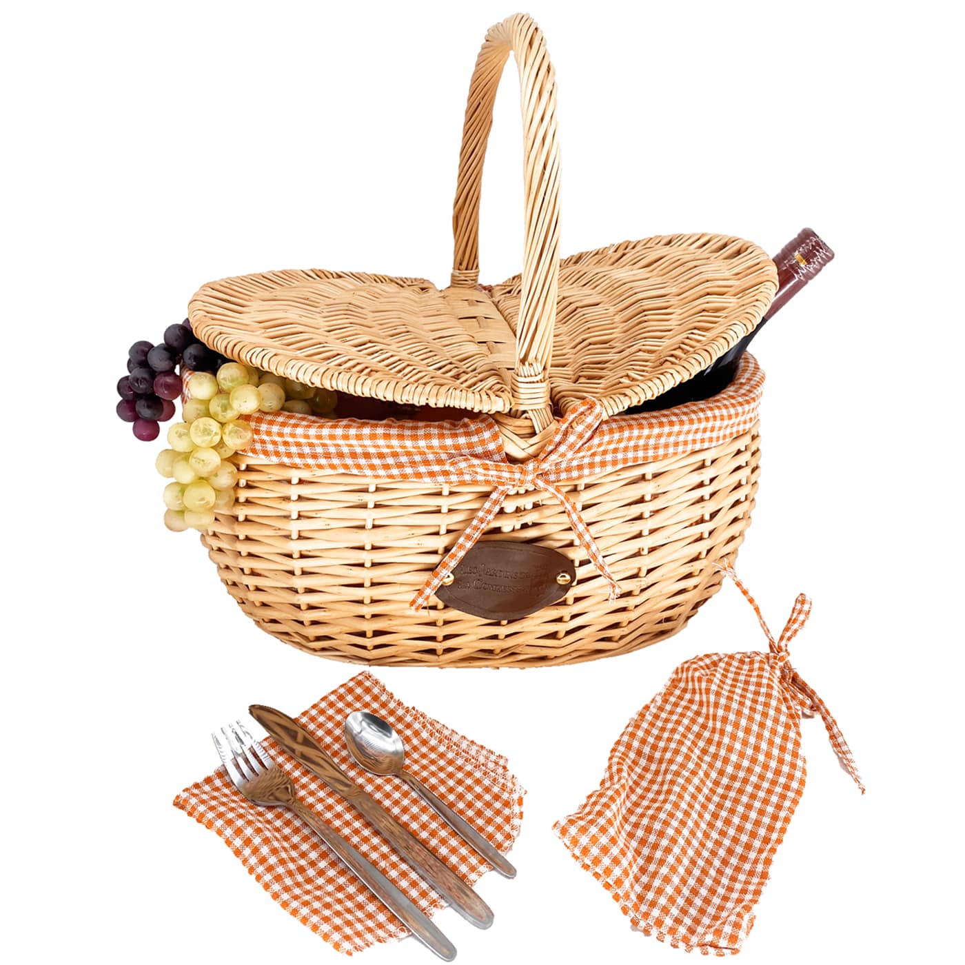 Cesta de mimbre Campagne - Vichy naranja con cubiertos y manteles individuales