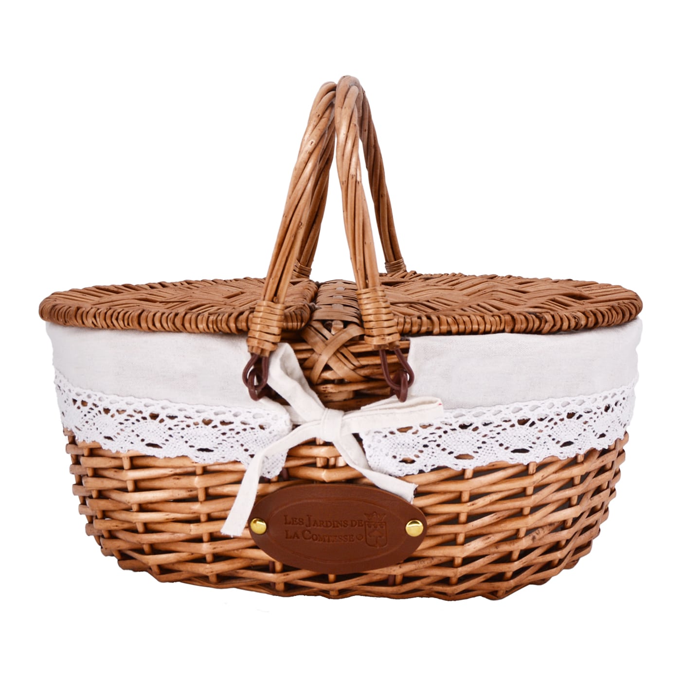 Cesta de mimbre con tela encaje lino