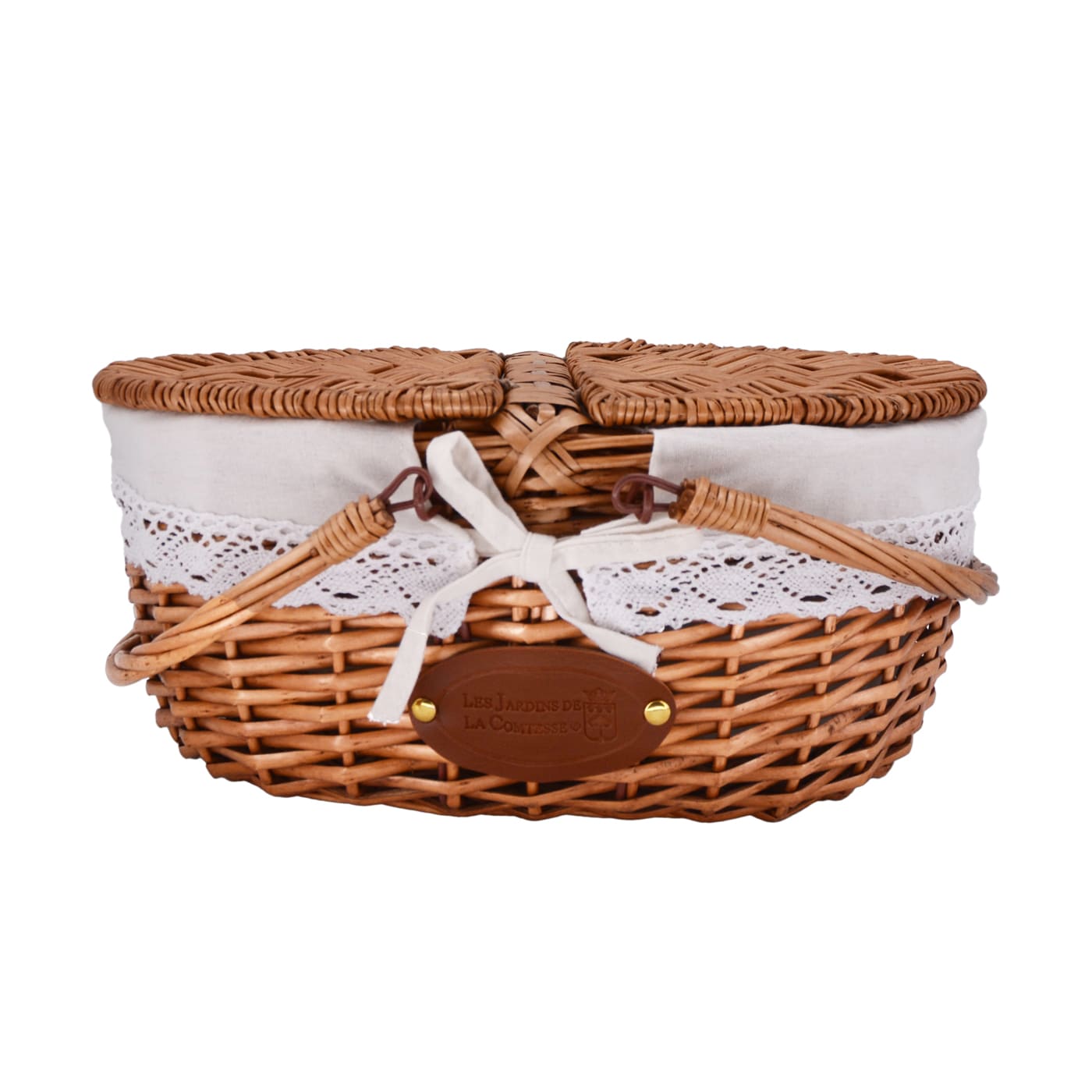 Cesta de mimbre con tela encaje lino
