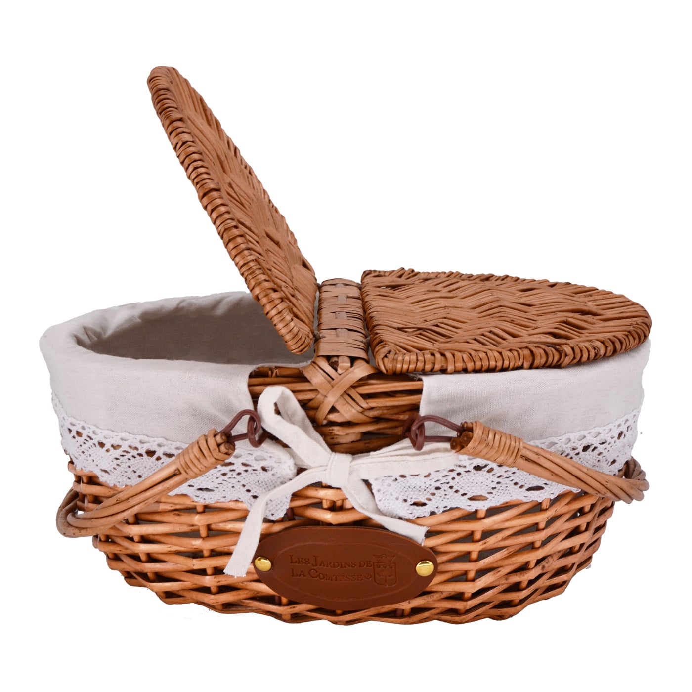 Cesta de mimbre con tela encaje lino