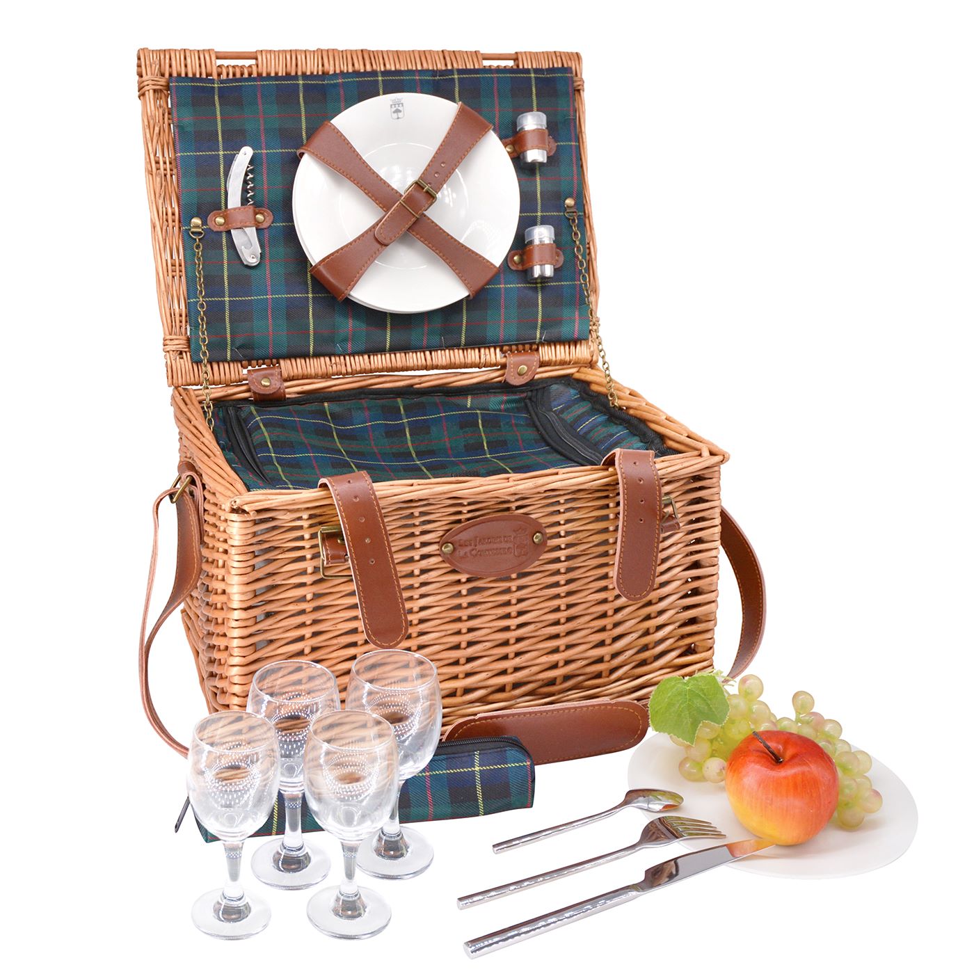 Cesta picnic de cuero tejido tartán verde - 4 personas