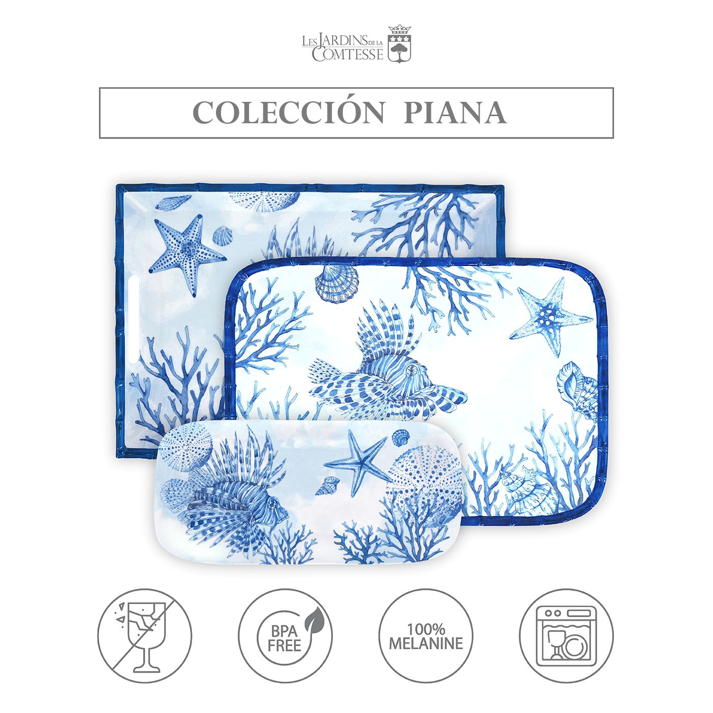 Bandeja grande de melamina con asas de color coral - 50 x 36 x 5 cm