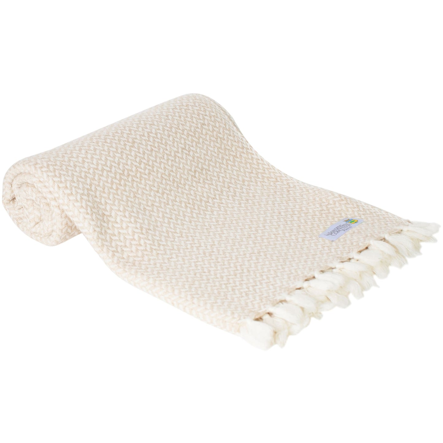 Manta de cachemir y lana con diseño de espiguilla: camel / marfil - 130 x 230 cm