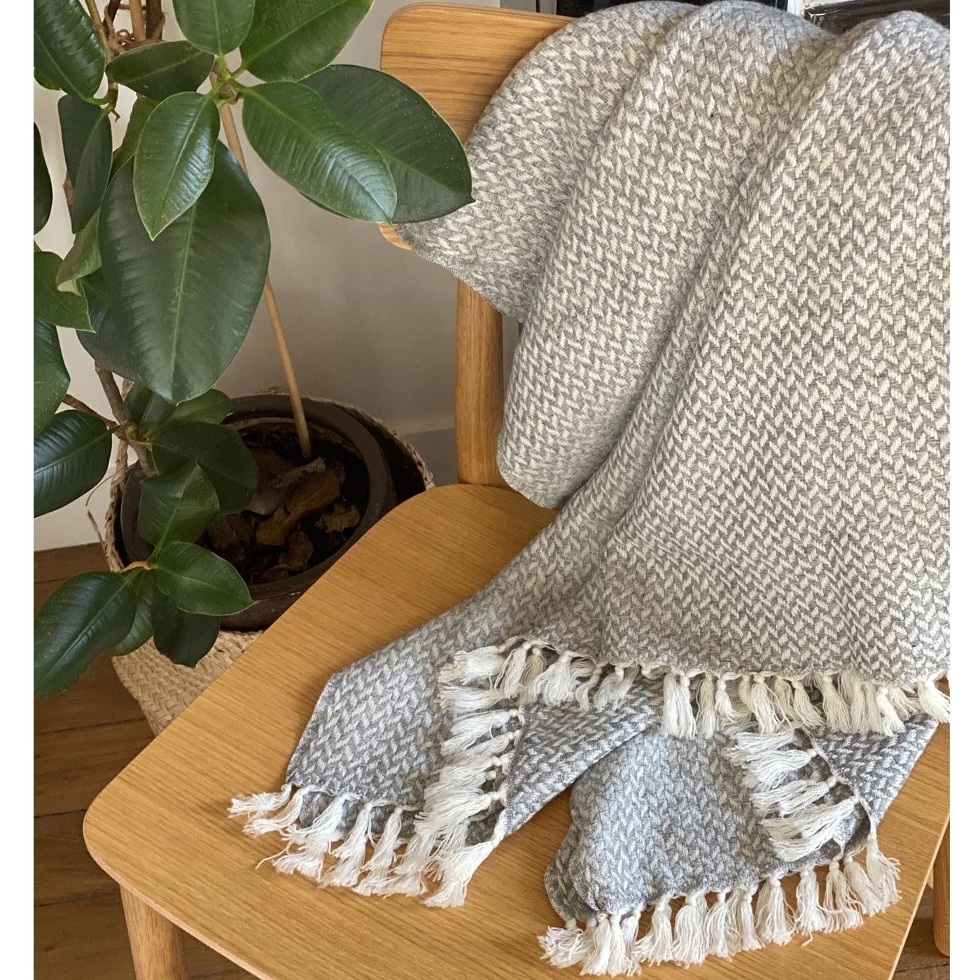 Manta confort de cachemir y lana con pequeño diseño de espiguilla : Gris Ratón - 130 x 230 cm