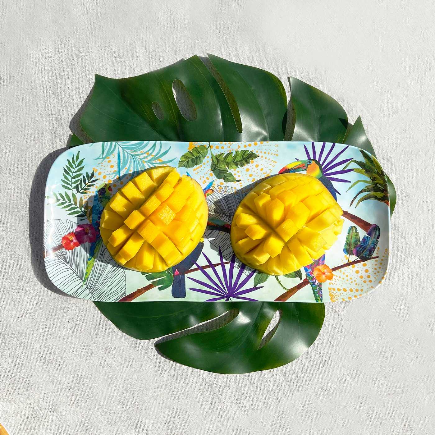 Plato de servicio rectangular de melamina con tucanes - 37,5 x 17 cm