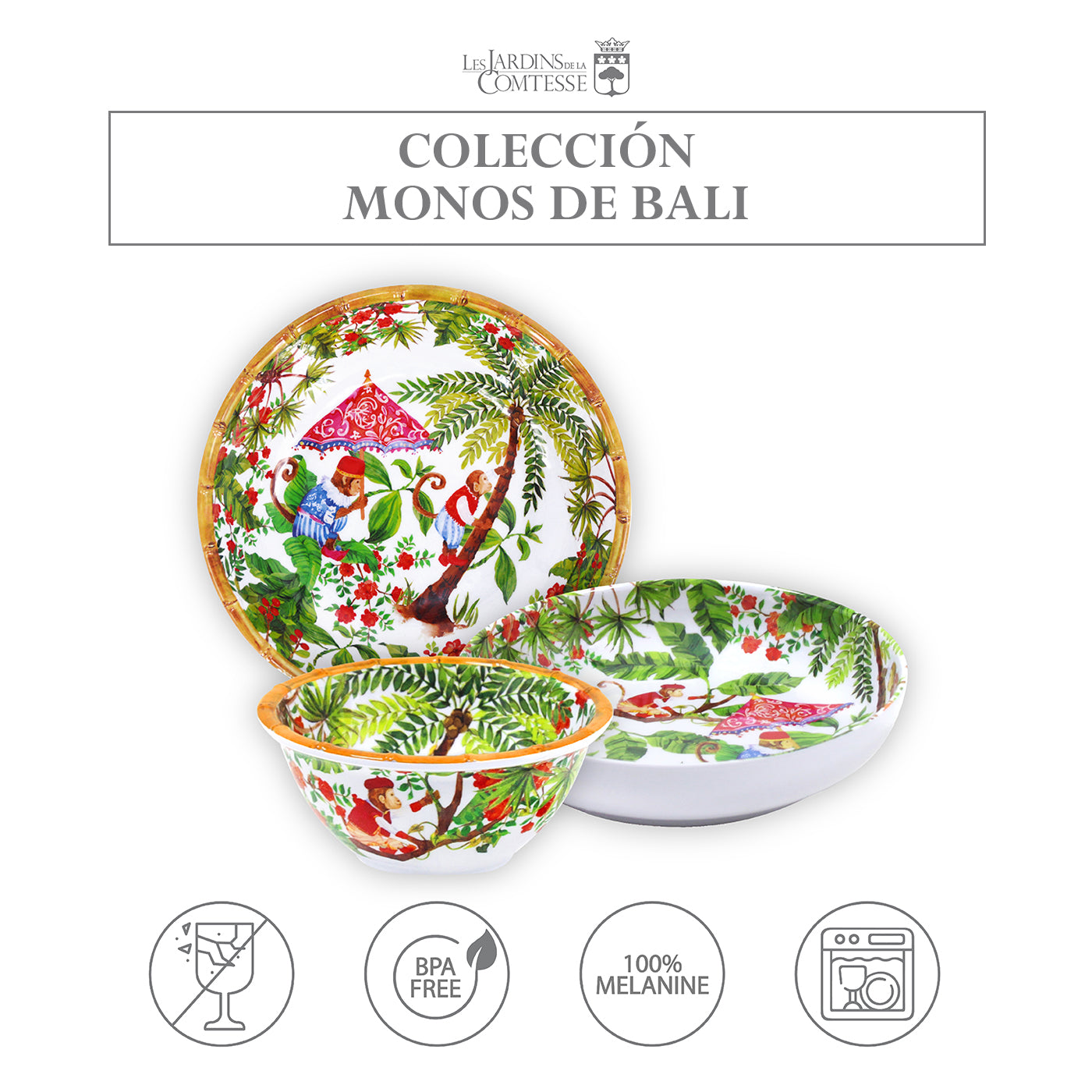 Plato hondo grande de melamina para pasta con monos - Ø 23 cm