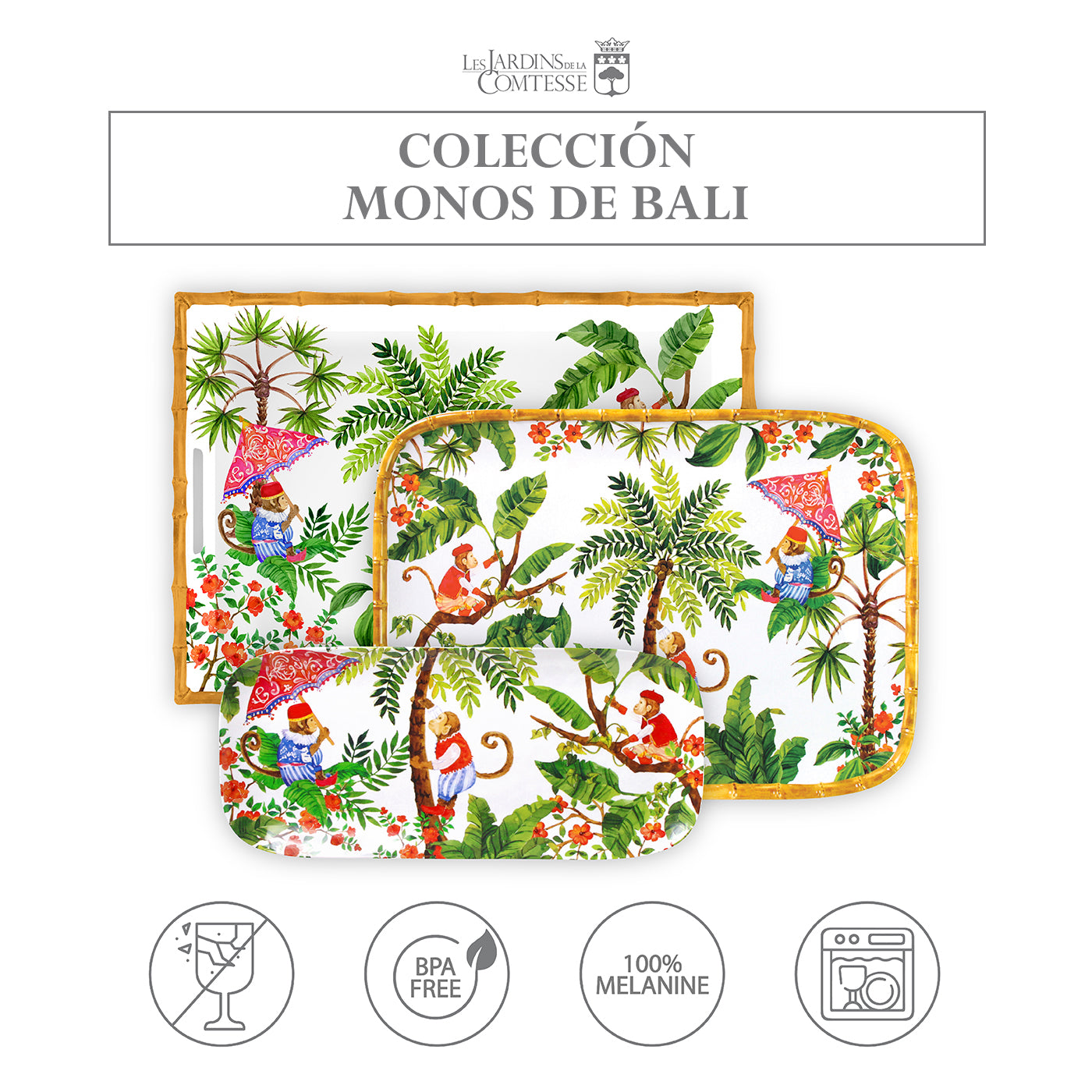 Bandeja rectangular de melamina con monos - 45 x 32 cm