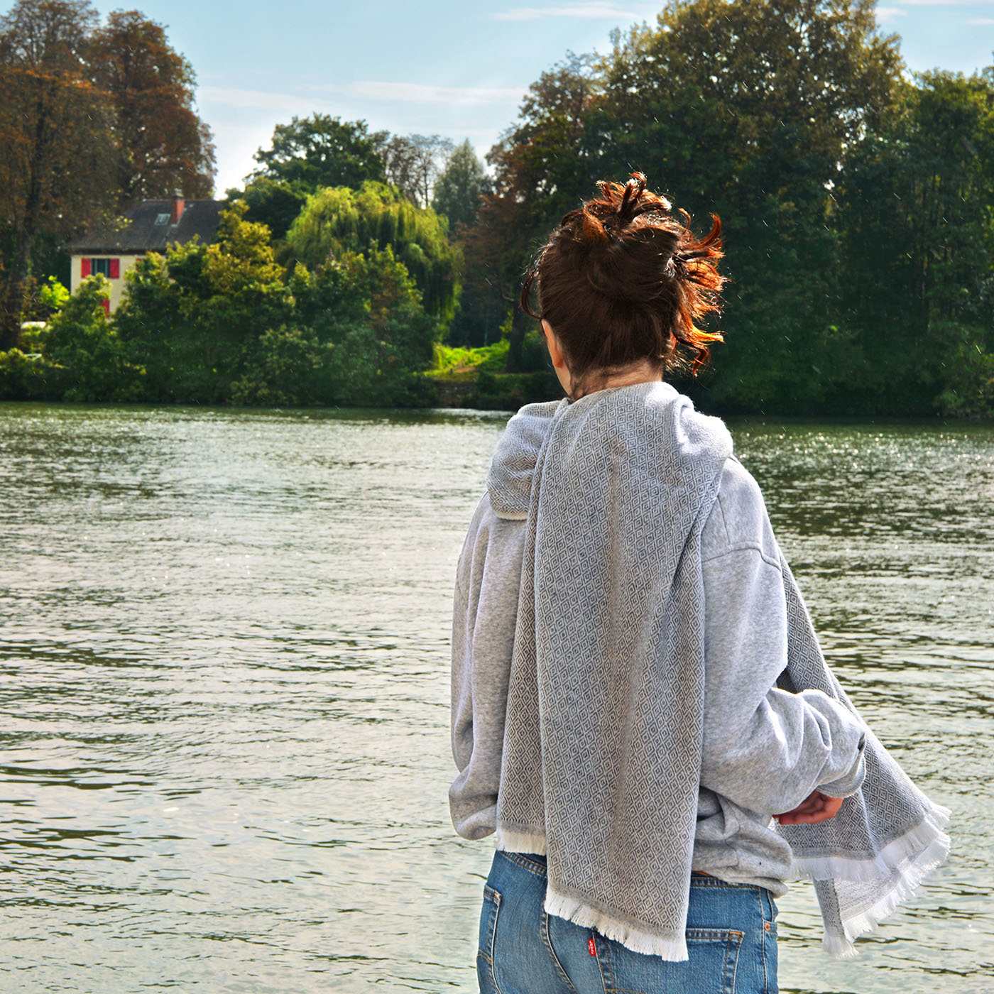 Estola / pashmina de mujer de cachemira y lana Gris Antracita estampado diamante