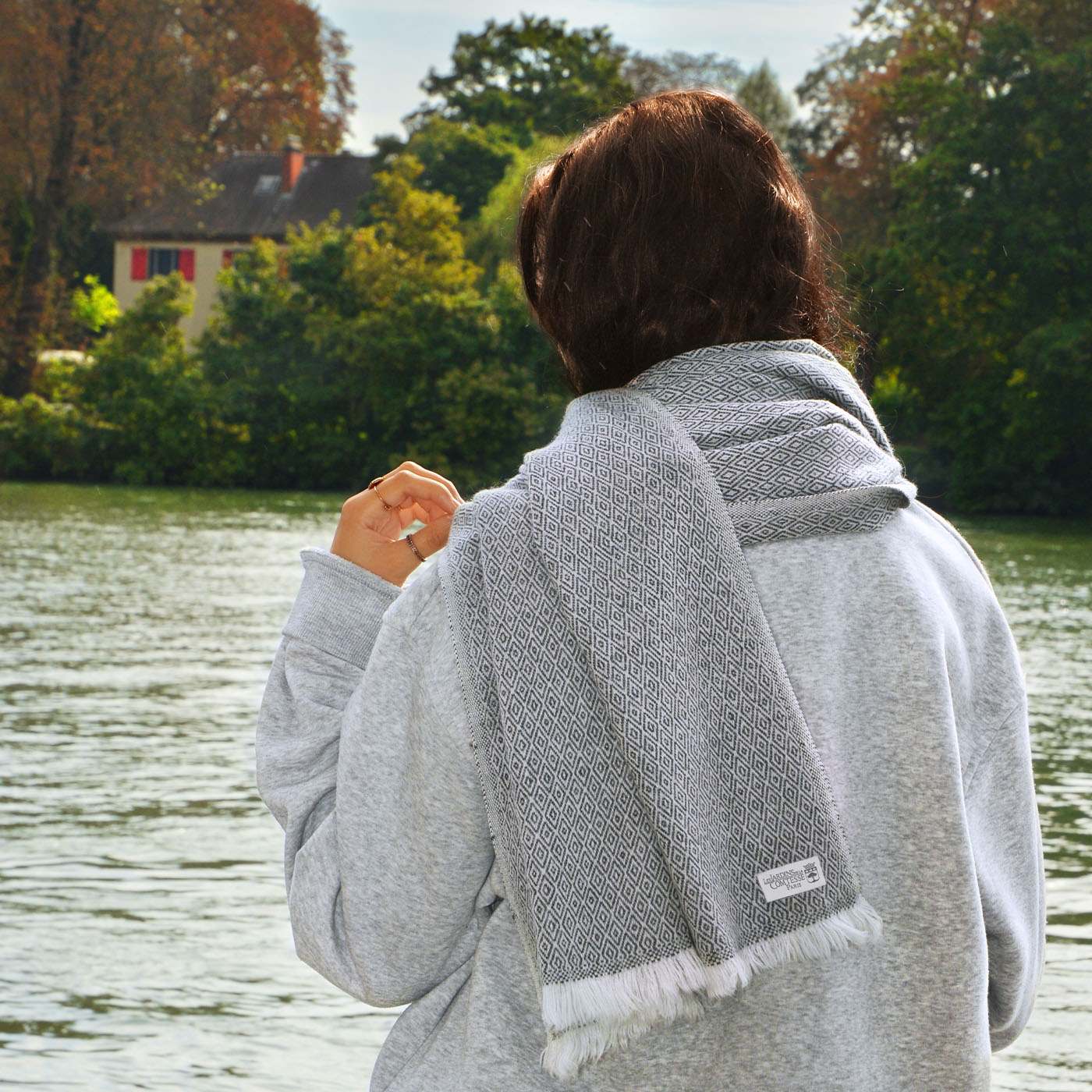 Estola / pashmina de mujer de cachemira y lana Gris Antracita estampado diamante
