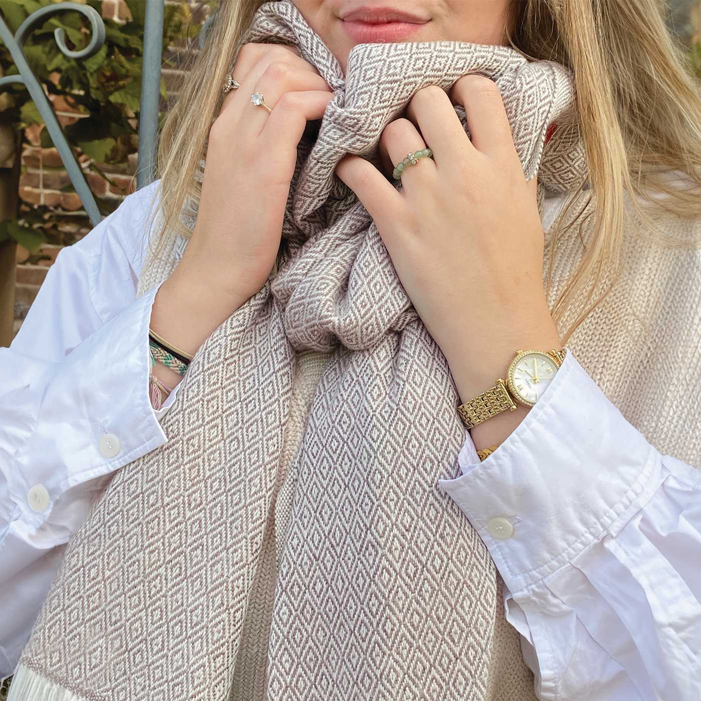 Estola / pashmina de mujer de cachemira y lana Marron Glacé estampado diamante