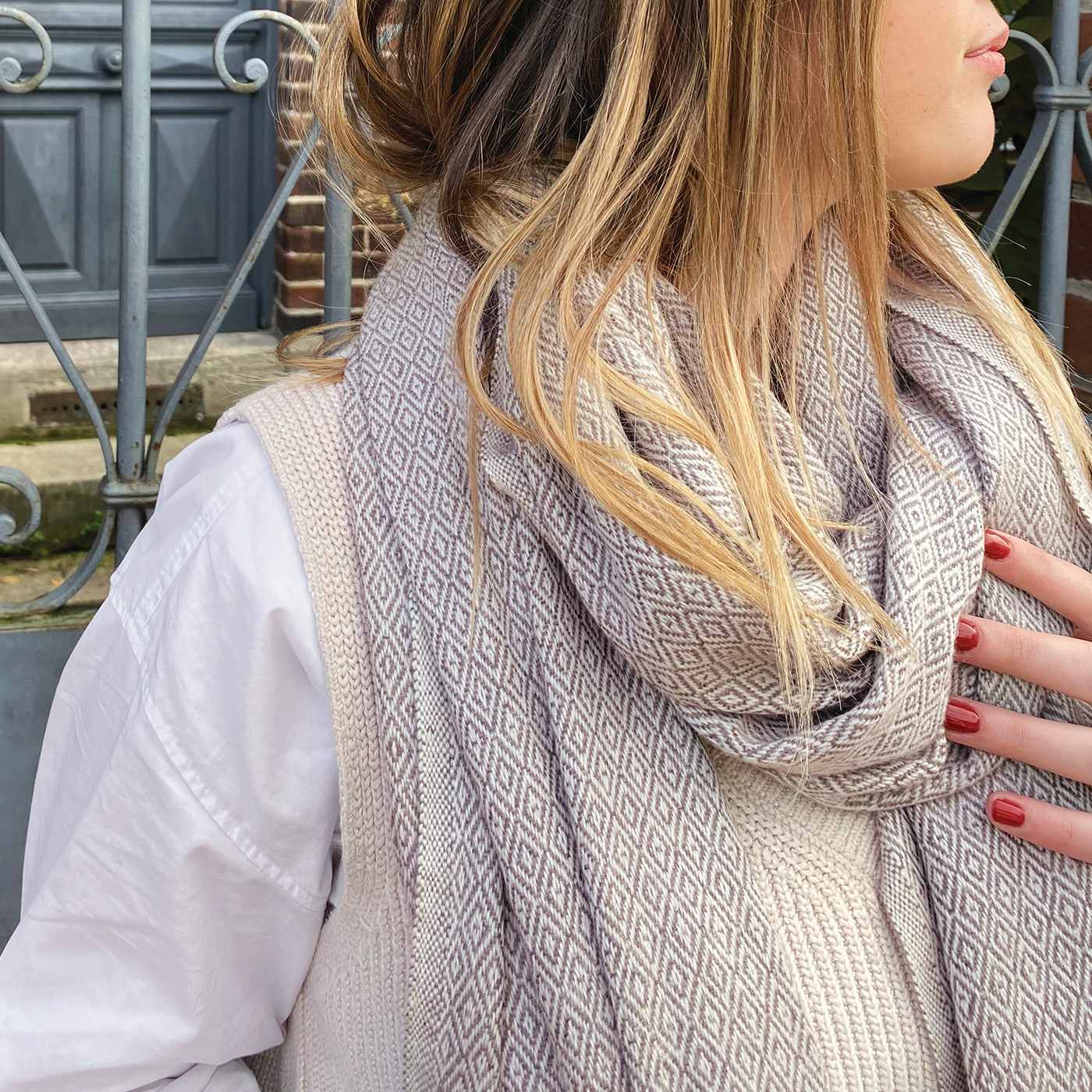 Estola / pashmina de mujer de cachemira y lana Marron Glacé estampado diamante