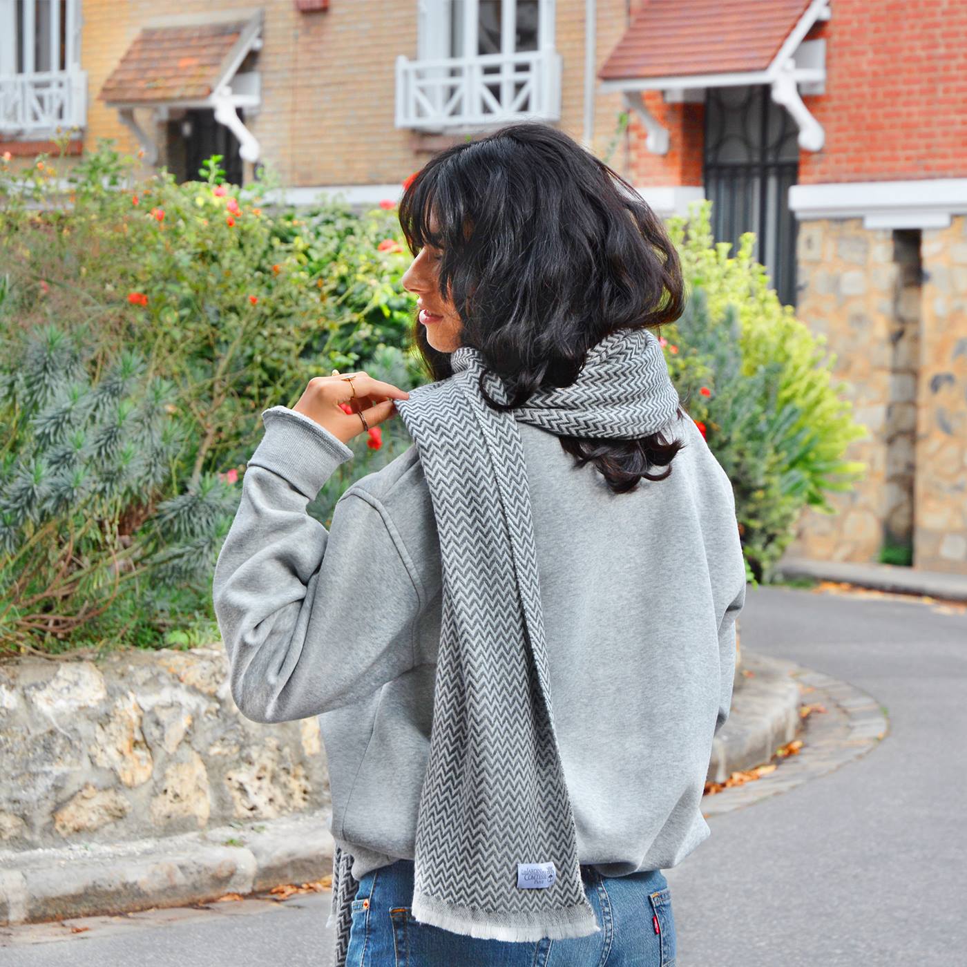 Estola / pashmina de Mujer de cachemira y lana Gris Antracita de espiguilla