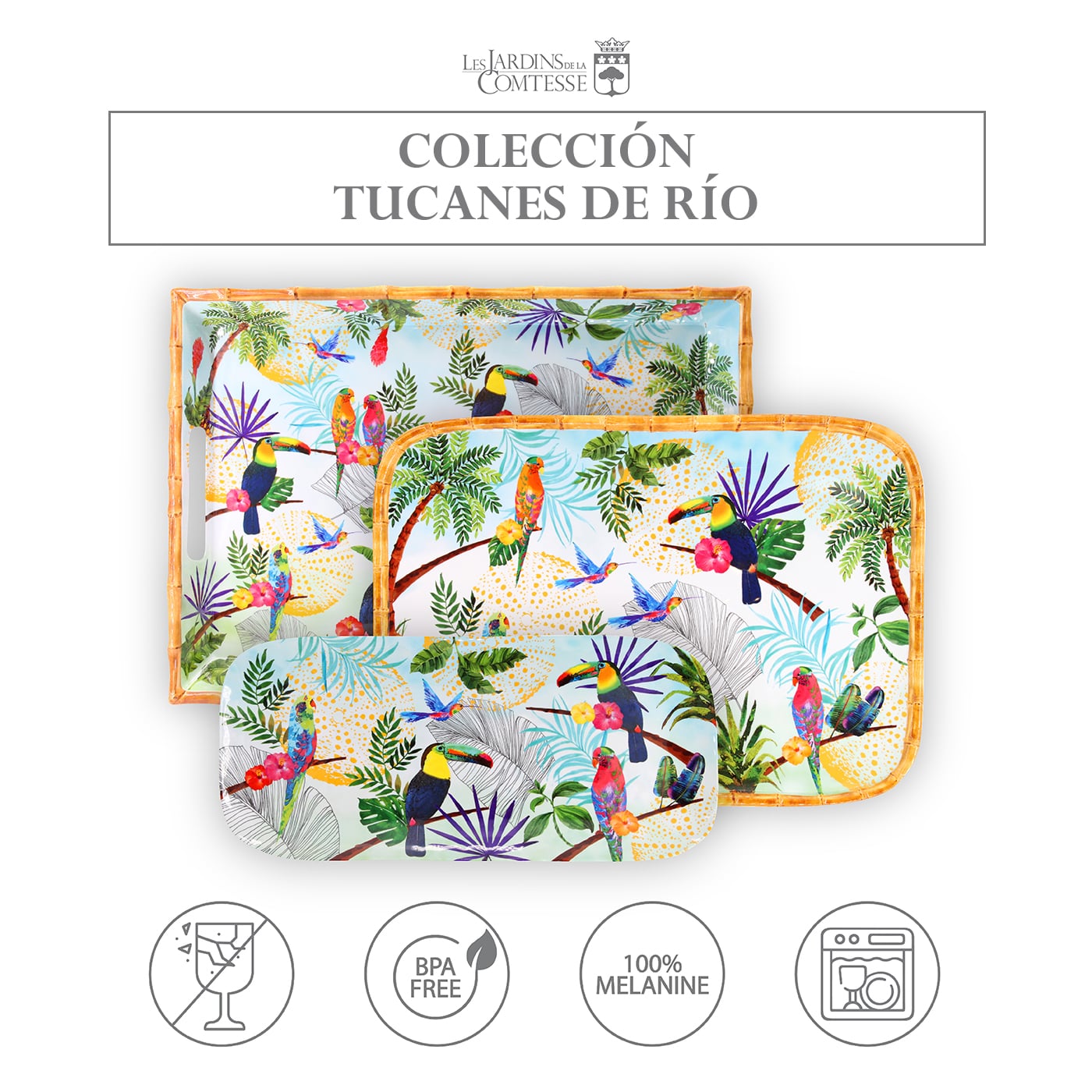 Bandeja de melamina con asas y diseño de tucanes - 50 x 36 x 5 cm