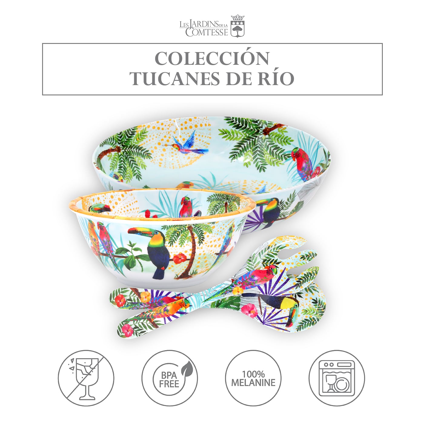 Servidores para ensaladas de melamina con tucanes - 25 cm