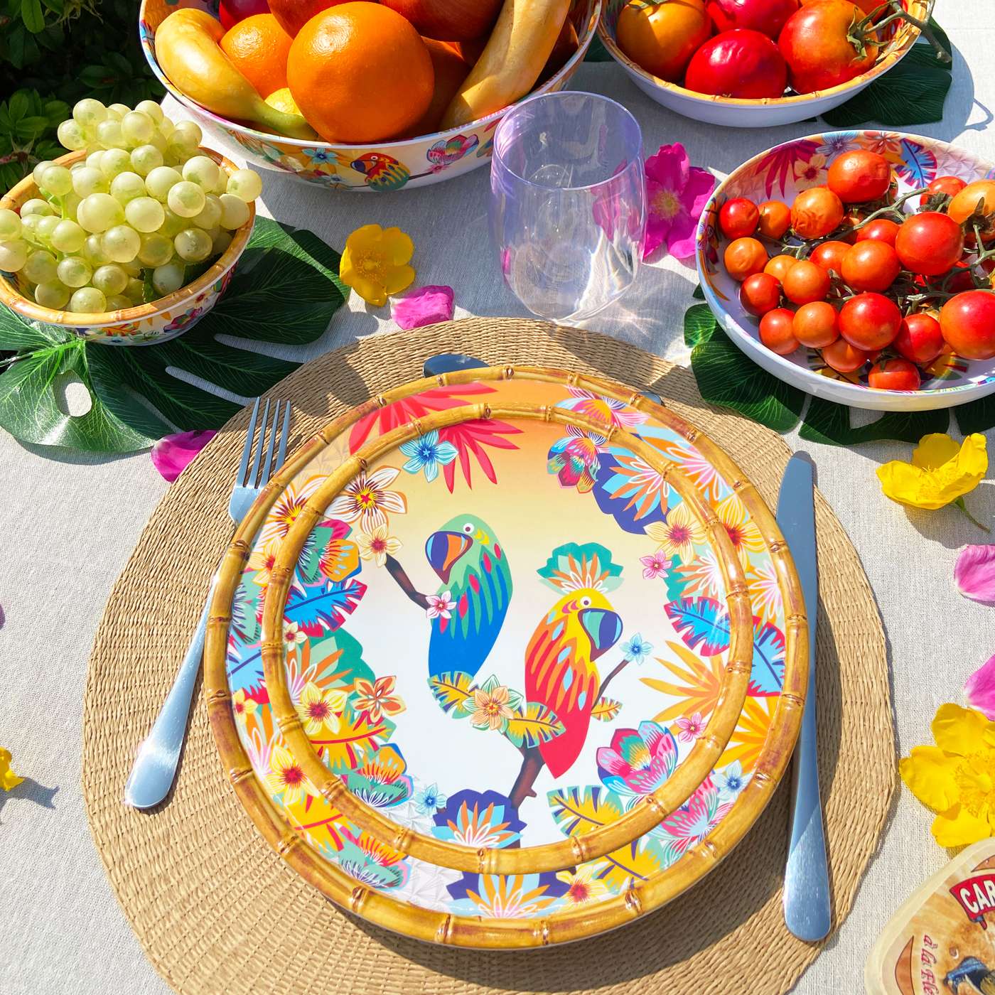 Plato llano de melamina con loros - Ø 28 cm