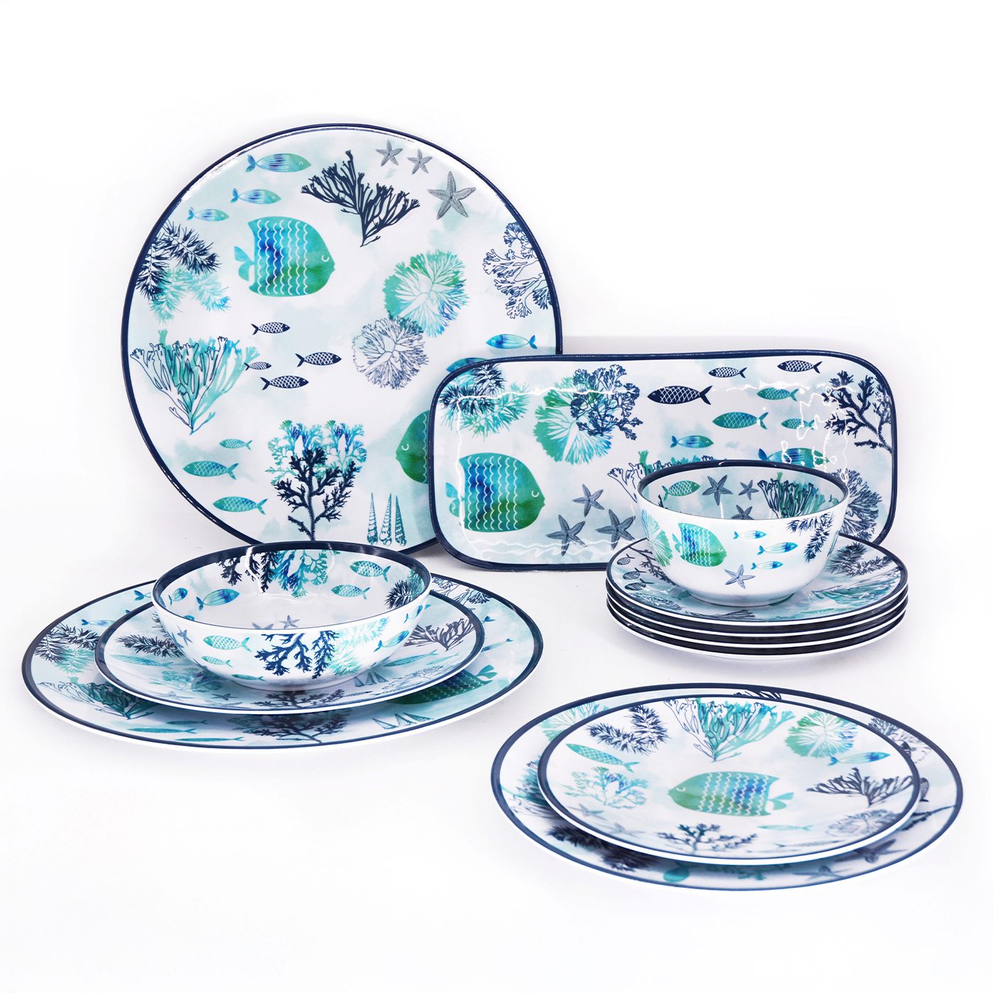 Cubiertos para ensaladas de melamina con diseño marino - 25 cm