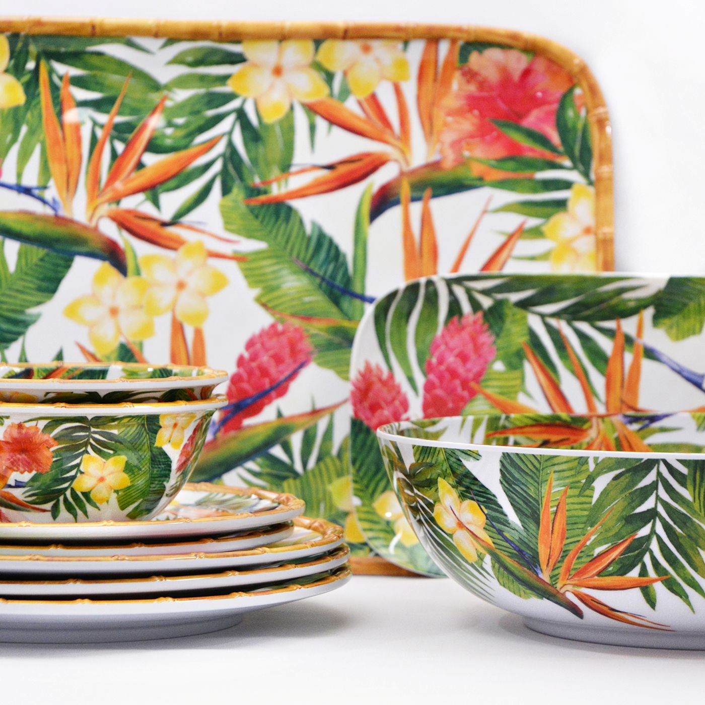 Plato de servicio rectangular de melamina con flores - 37,5 x 17 cm