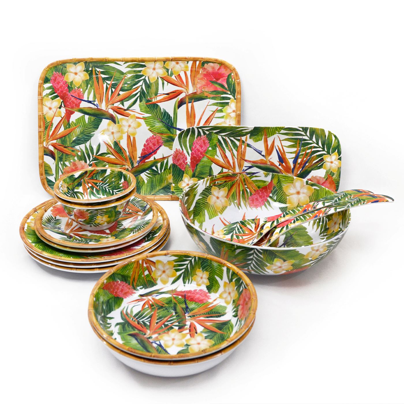 Plato de servicio rectangular de melamina con flores - 37,5 x 17 cm