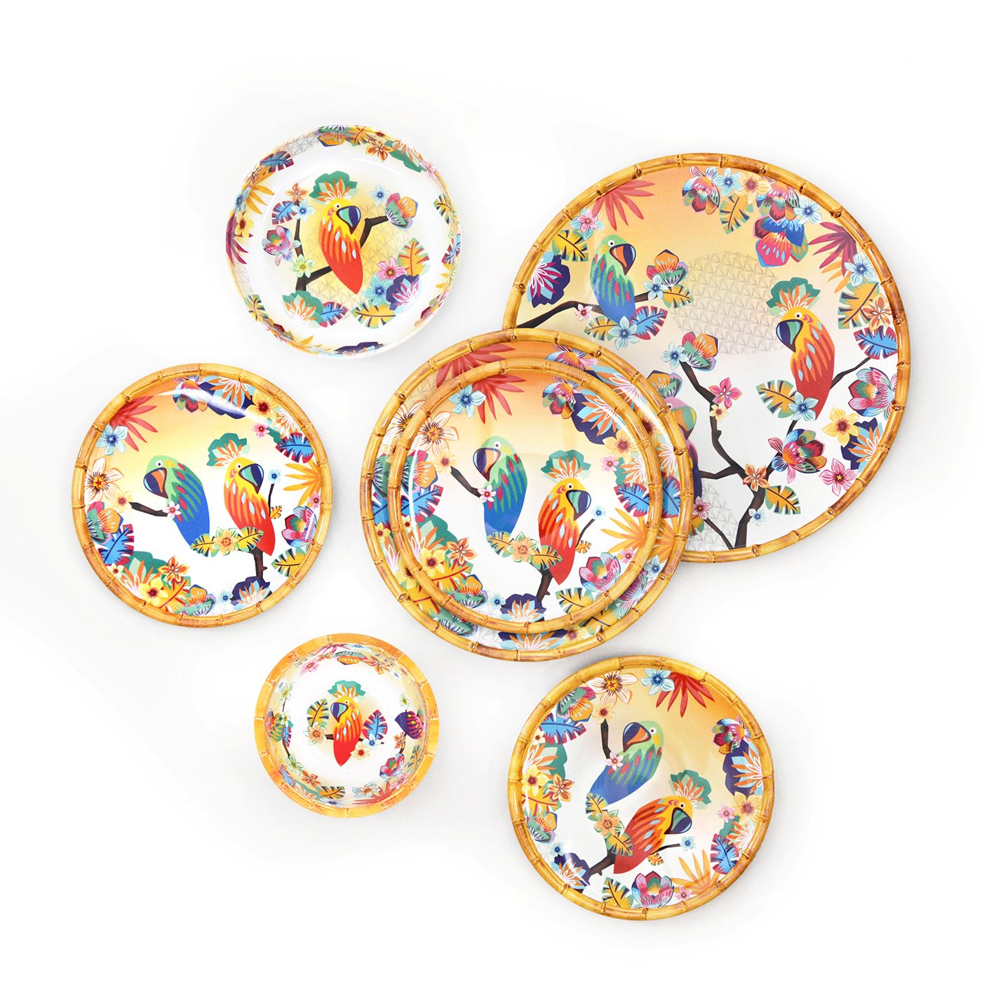 Plato llano de melamina con loros - Ø 28 cm