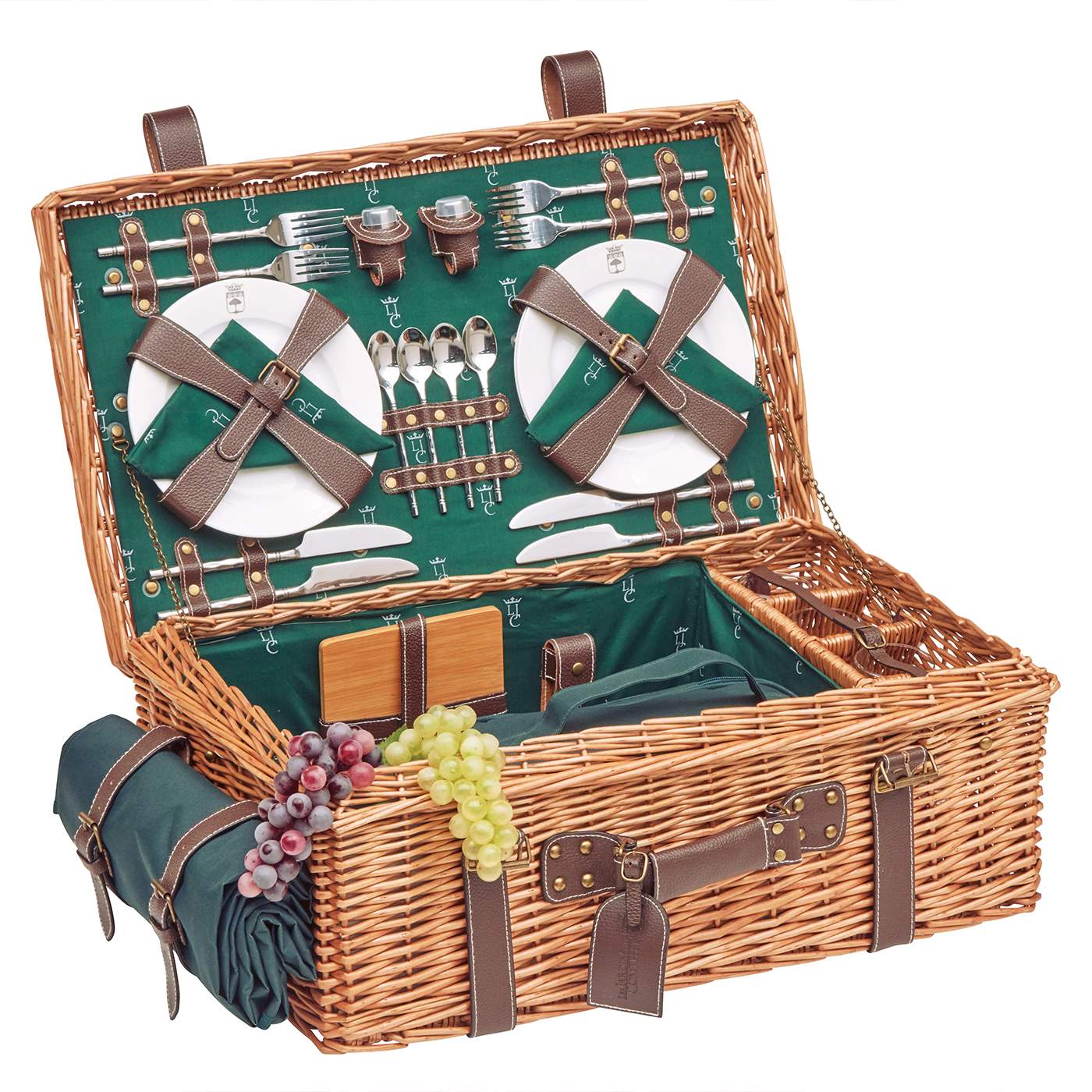 Cesta picnic de mimbre y cuero verde – 4 personas
